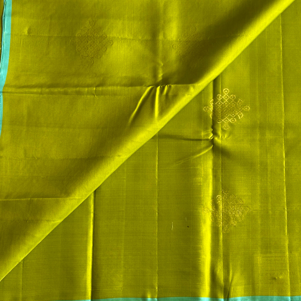 Lime Green Designer Pure Silk Saree With Aqua Blue Pallu & Kollam Zari