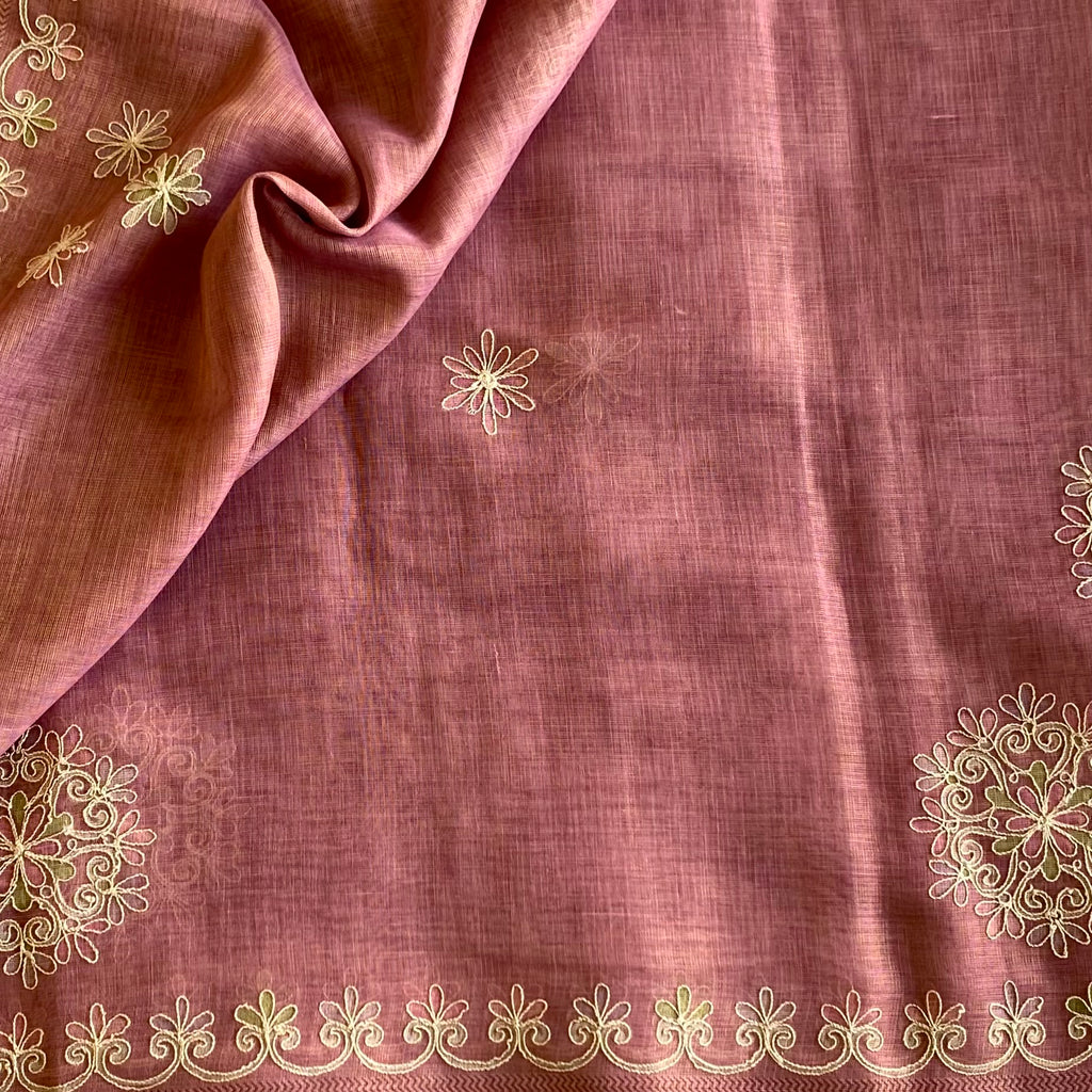 Dusty Rose Soft Tissue Linen Silk Saree With Antique Gold Embroidery