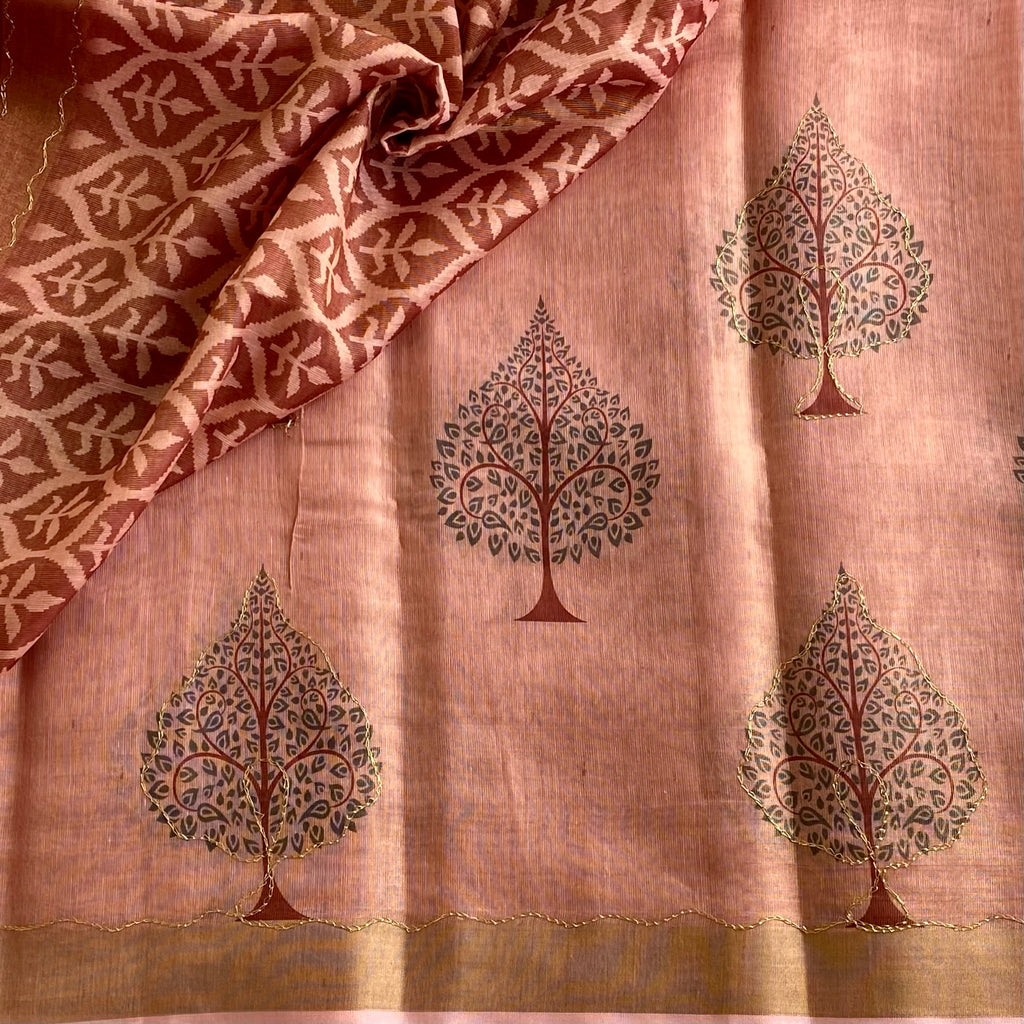Dusty Rose Softest Tissue Tussar Silk Saree With Maroon Tree Motifs
