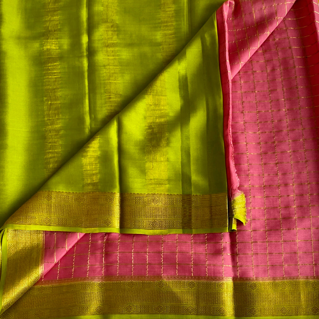 Rose Pink Checkered Mysore Crepe Silk With Lime Green Borders & Pallu