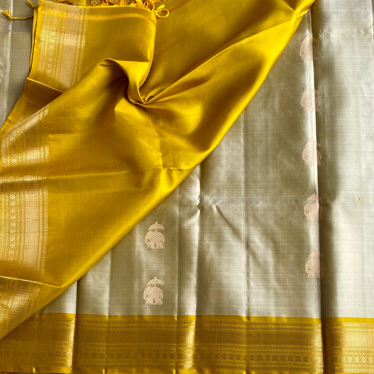 Classy Beige Designer Pure Silk Saree With Golden Yellow Pallu