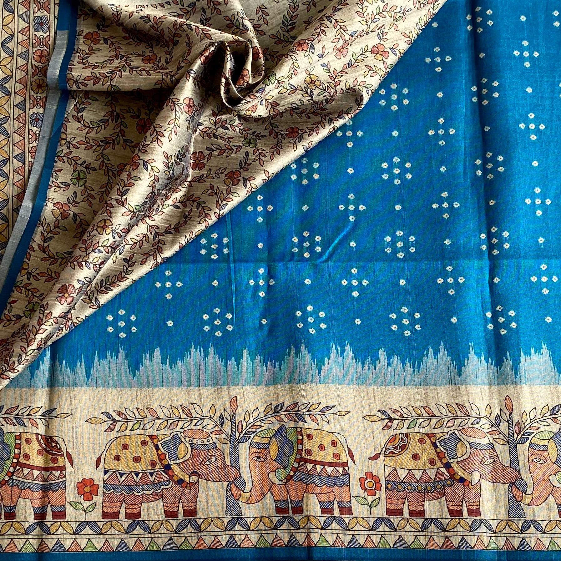 Turquoise Blue Soft Tusaar Silk with Printed Designer Warli Borders & Pallu