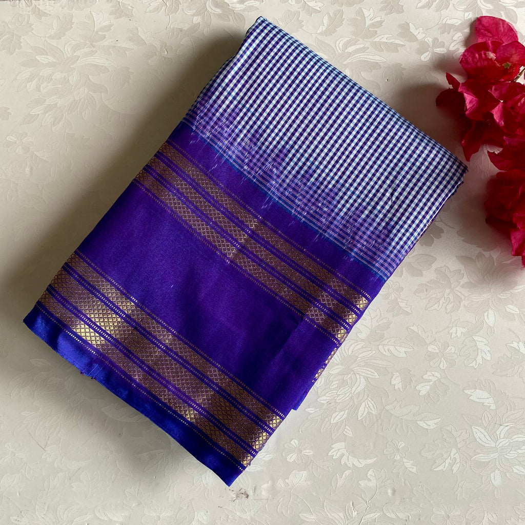 Micro Checkered Indigo Pure Ikkat Handloom Silk With Ikkat Woven Pallu & Blouse