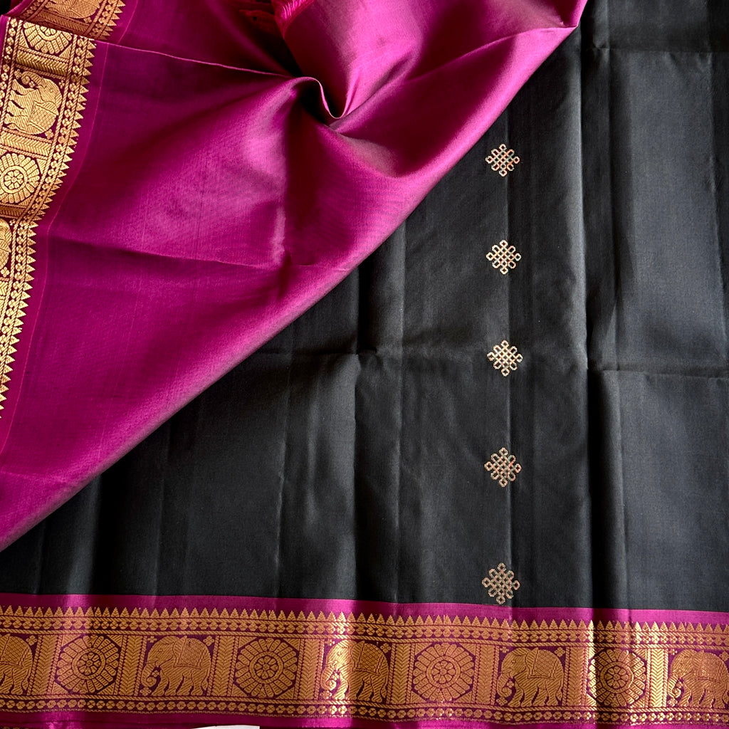 Jet Black Designer Pure Silk Kollam Zari Weave & Magenta Contrast