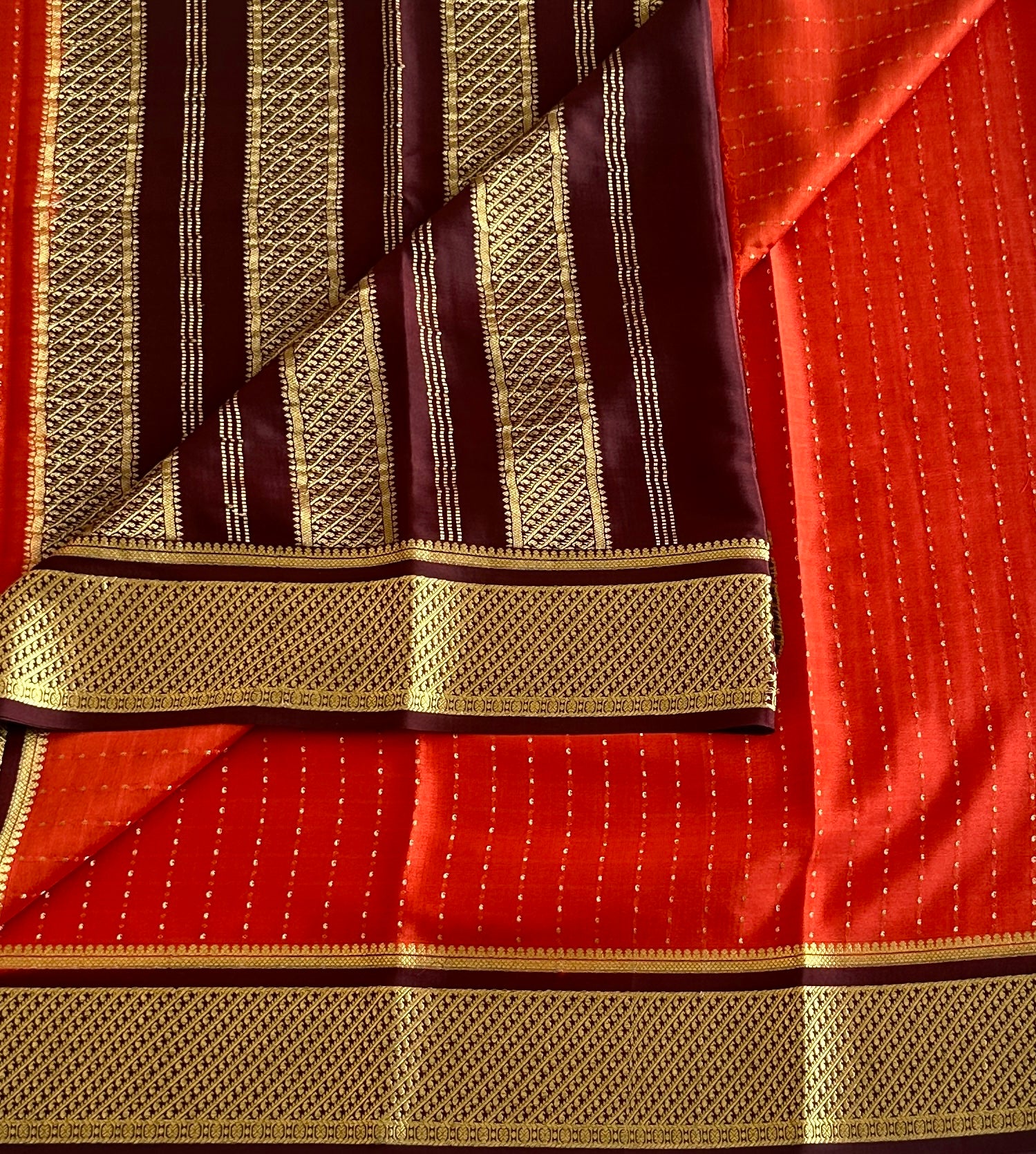 Burnt Orange With Wine Pure Mysore Silk with zari buttas