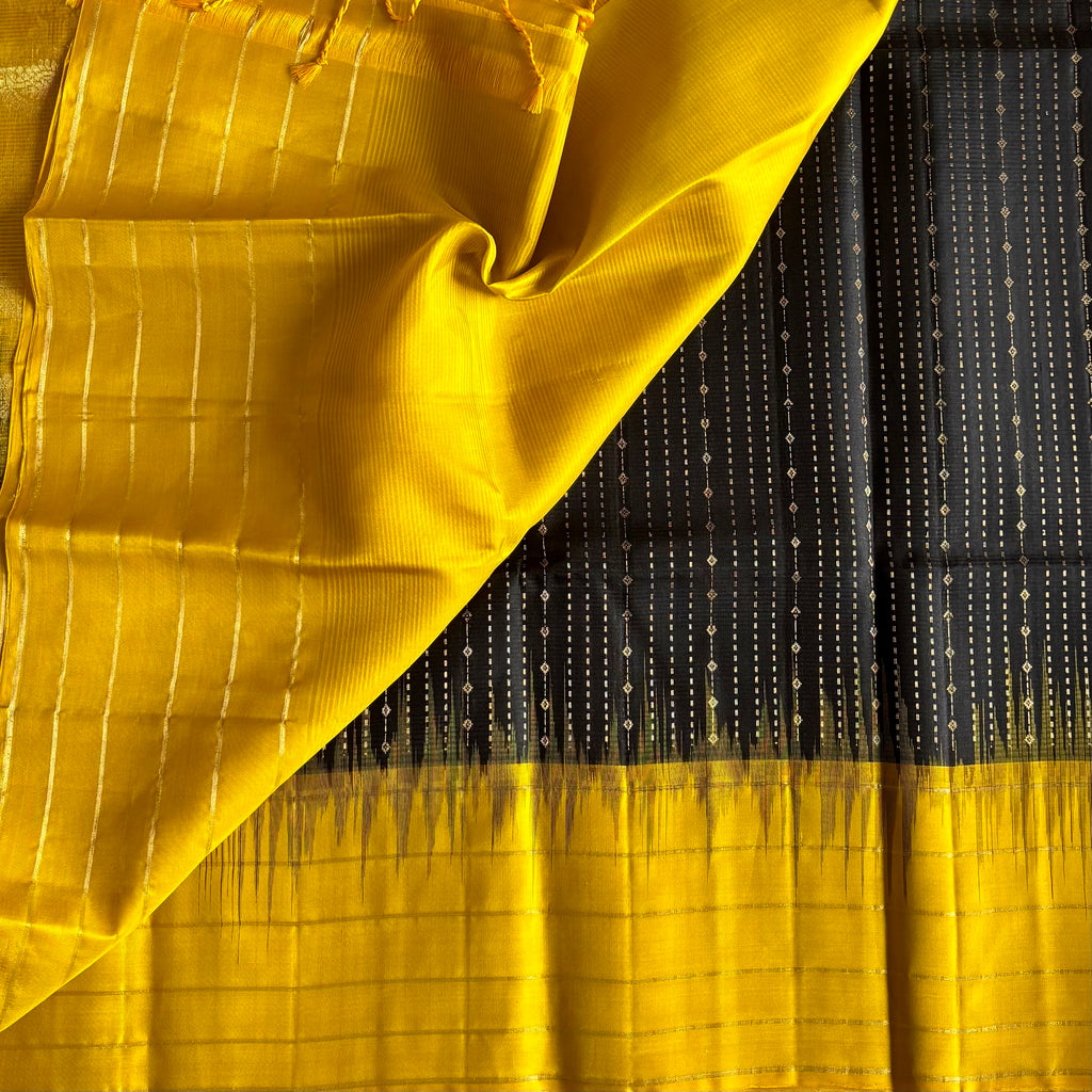Jet Black & Golden Yellow Designer Pure Silk with Twilight Zari weave
