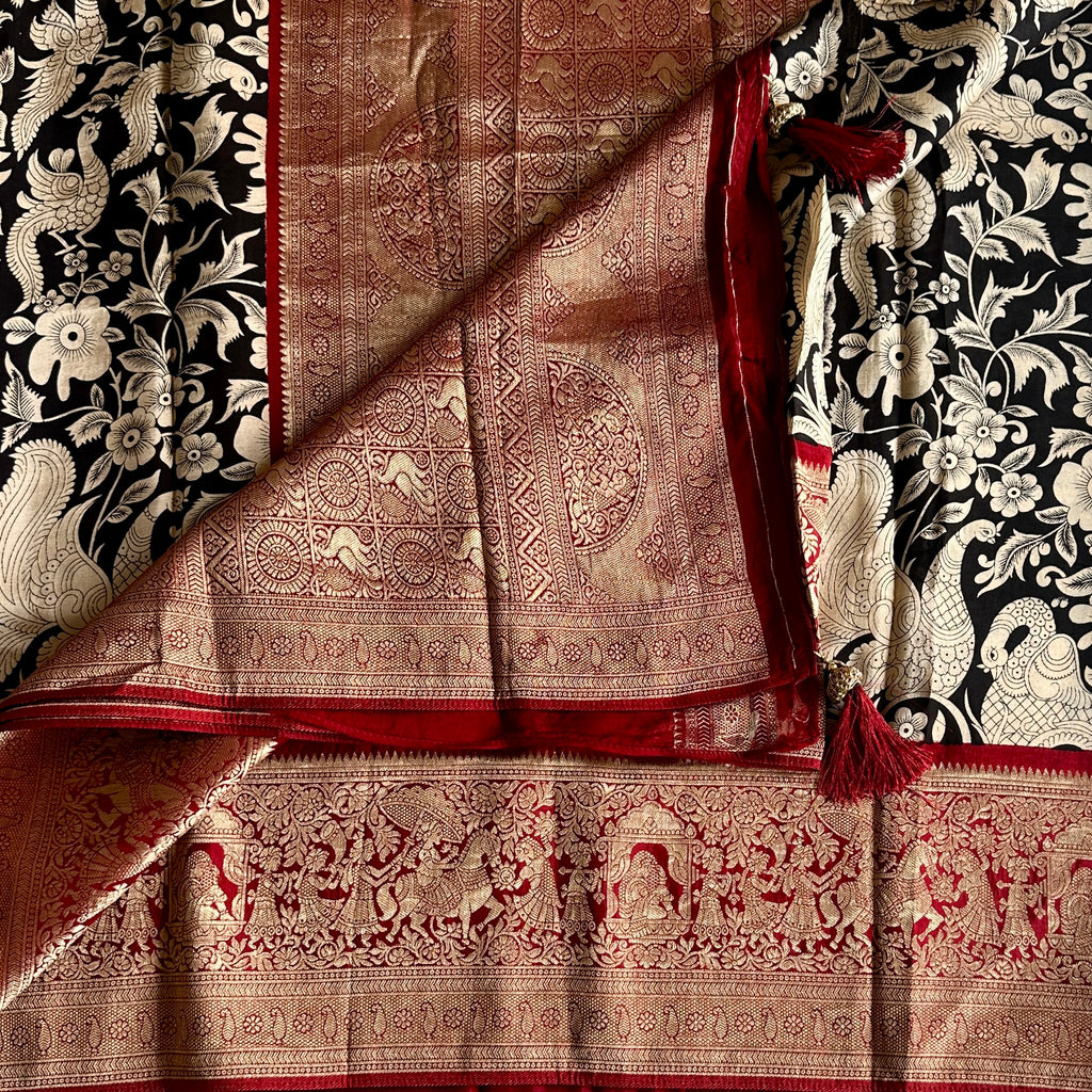 Jet Black Kalamkari Soft Tussar Silk Saree With Rich Maroon Temple Pallu