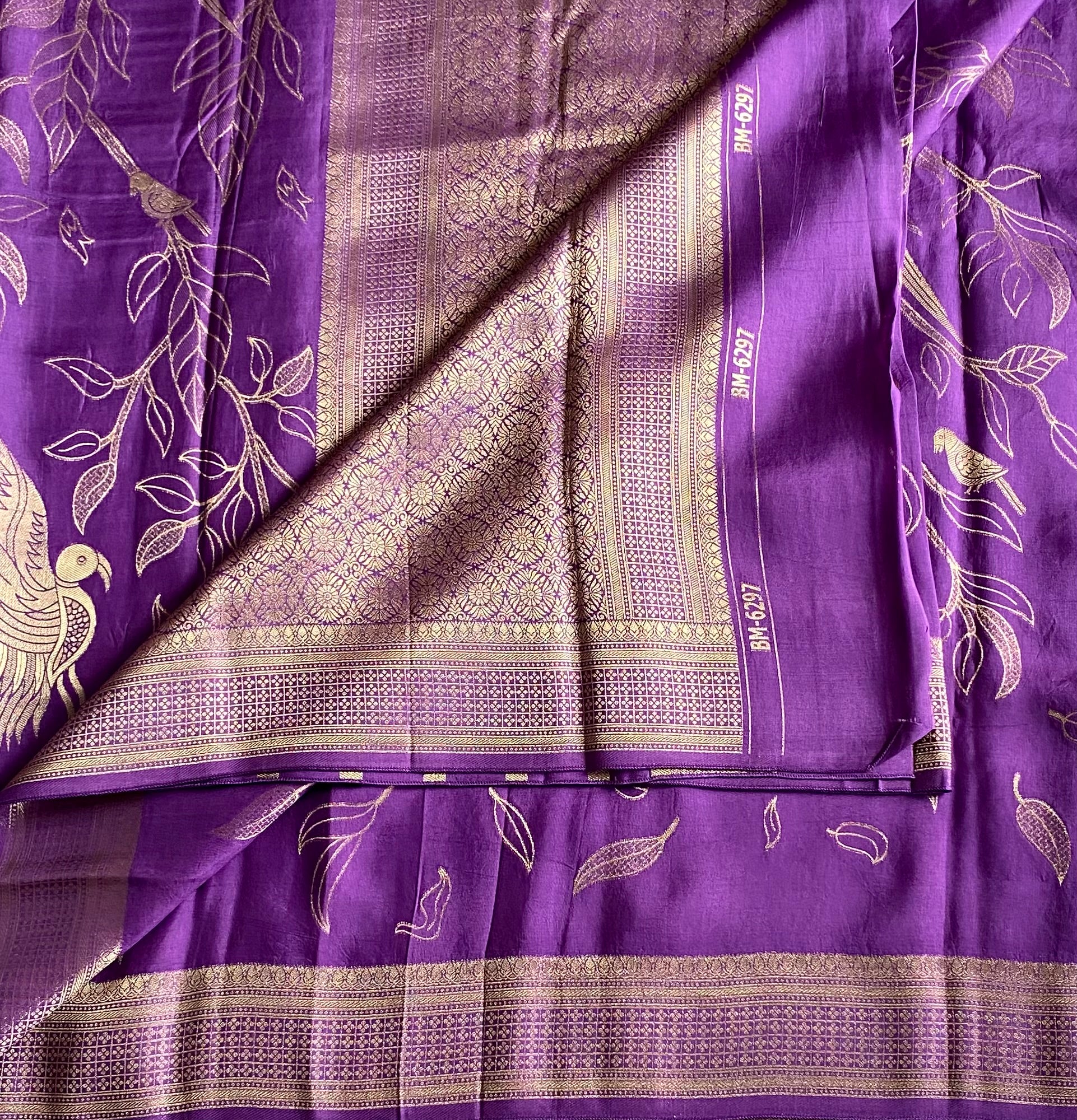 Metallic lavender soft crepe Silk Saree designer Gold Bird Leaf Woven Pallu Border