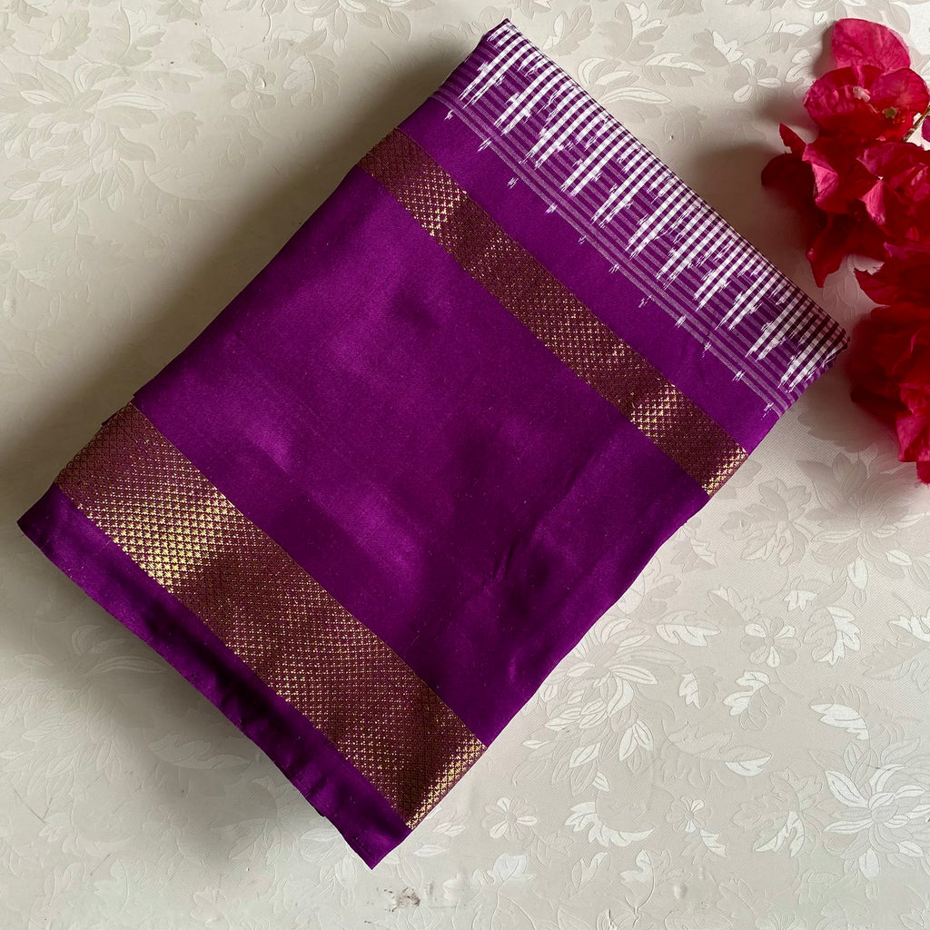 Micro Checkered Purple Pure Ikkat Handloom Silk With Ikkat Woven Pallu & Blouse