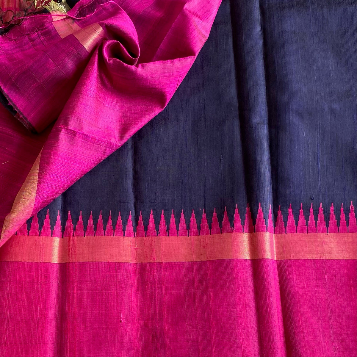 Navy Blue With Rani Pink Handwoven Pure Raw Silk