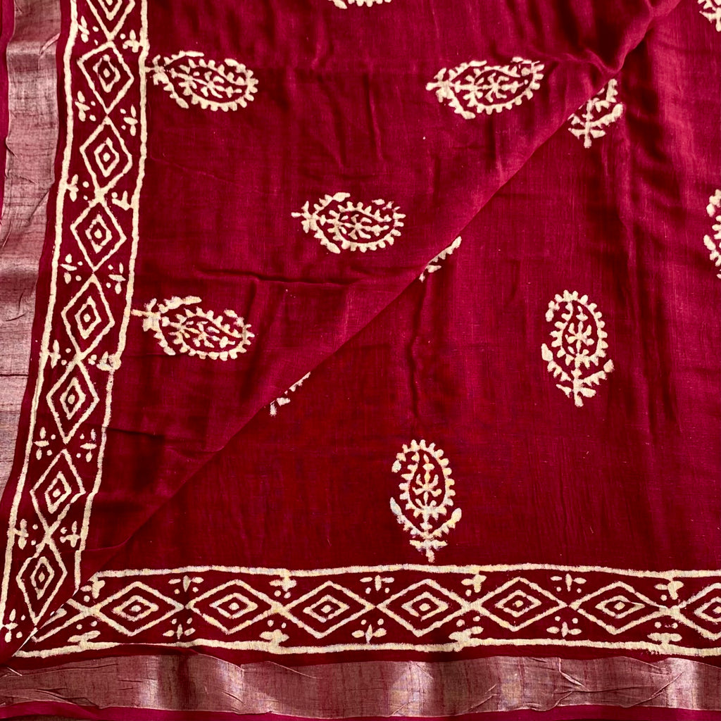 Wine Maroon Soft Block Printed Linen Saree With Antique Silver Borders