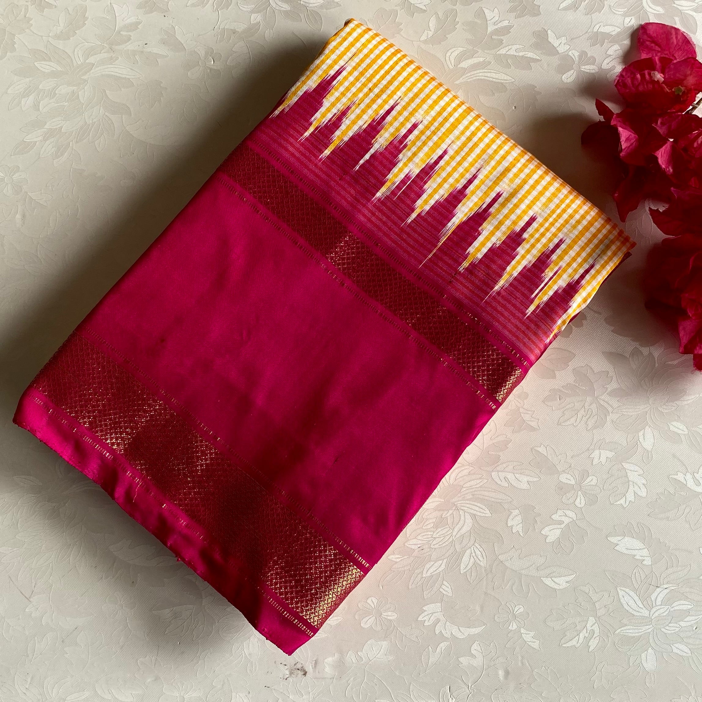 Micro Checkered Mustard Yellow Pure Ikkat Handloom Silk With Ikkat Woven Pallu & Blouse