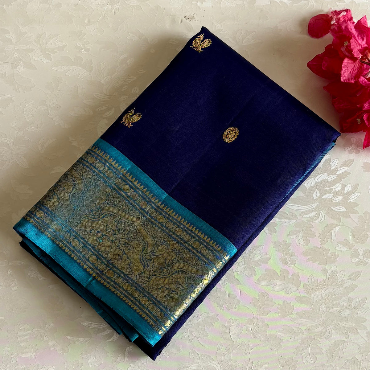 Midnight Blue Kanjeevaram Pure Zari Silk Saree With Turquoise Pallu
