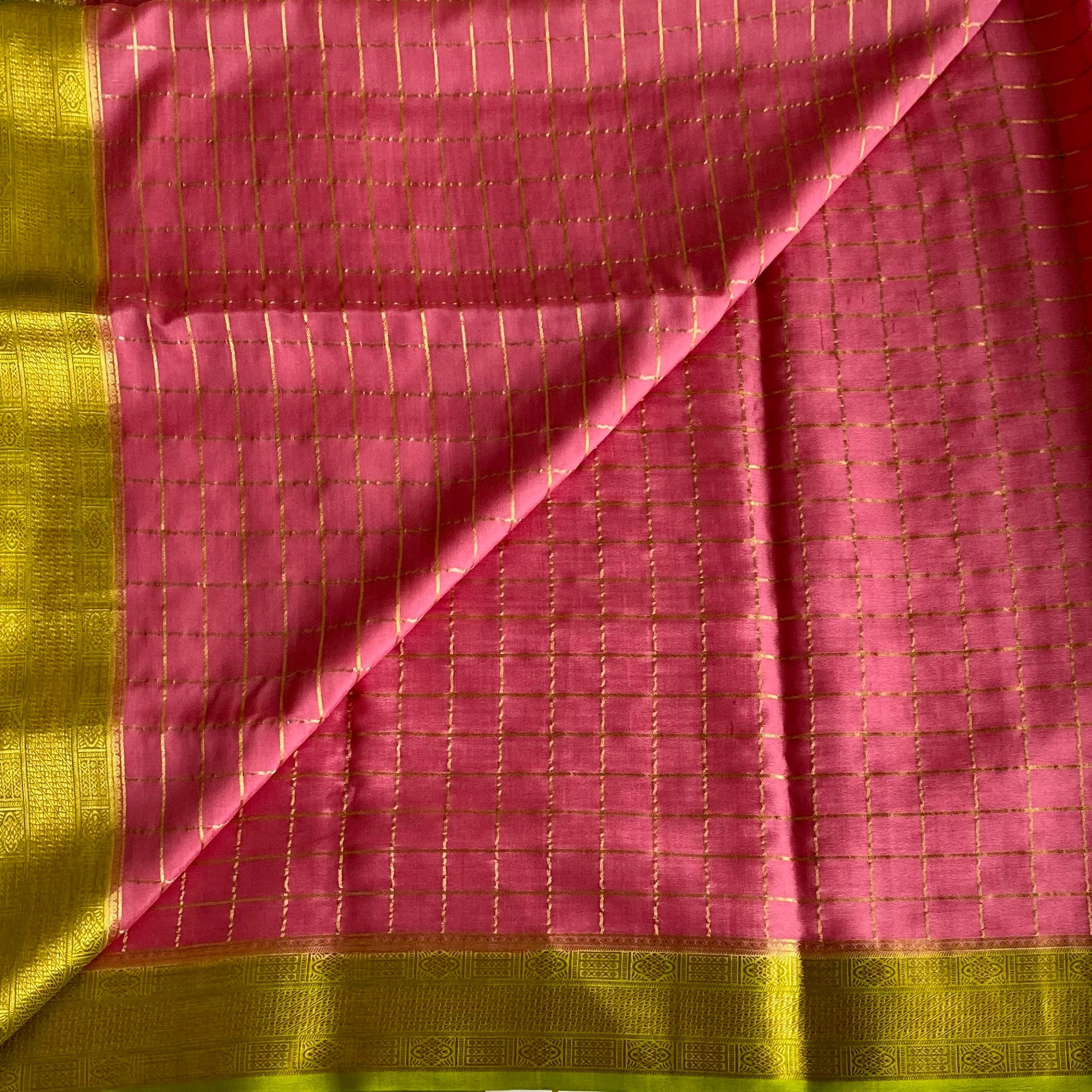 Rose Pink Checkered Mysore Crepe Silk With Lime Green Borders & Pallu