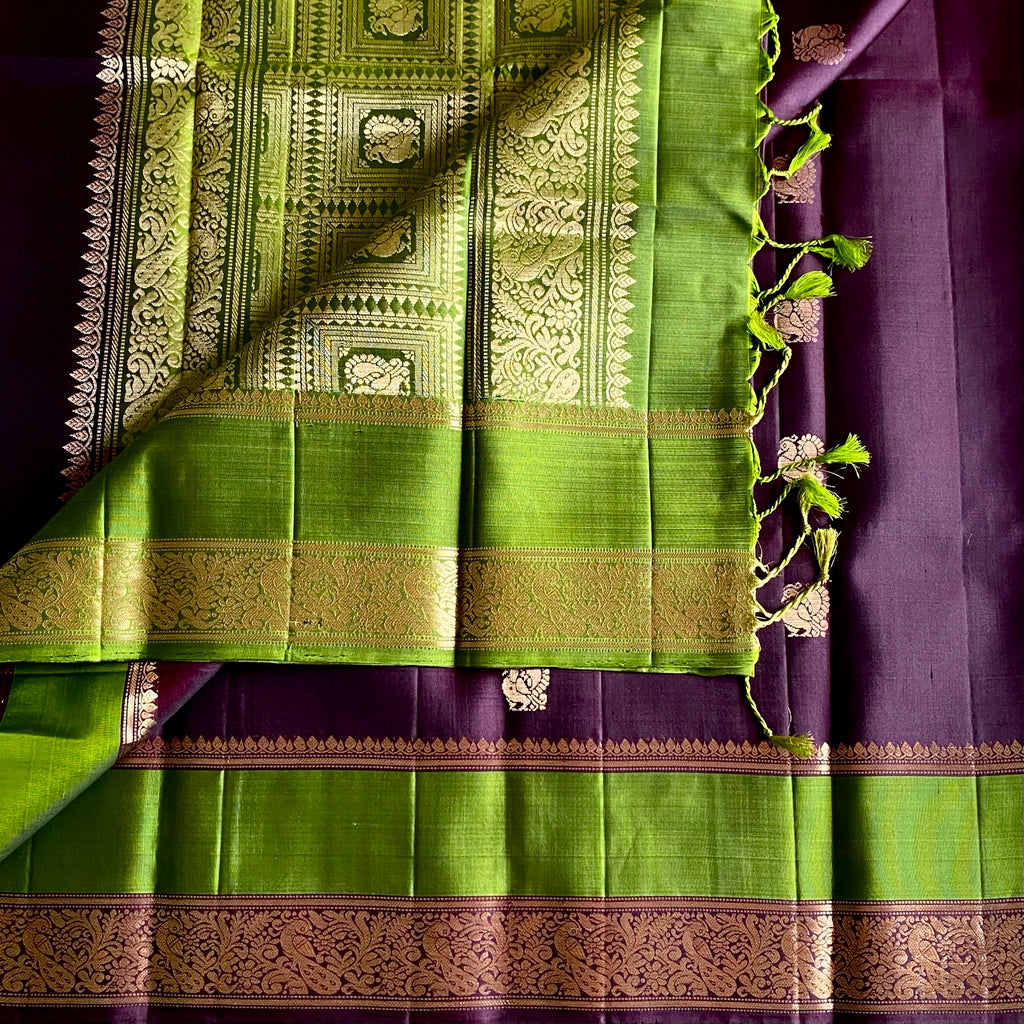 Plum mix Brown Designer Pure Silk Saree With Olive Green Pallu