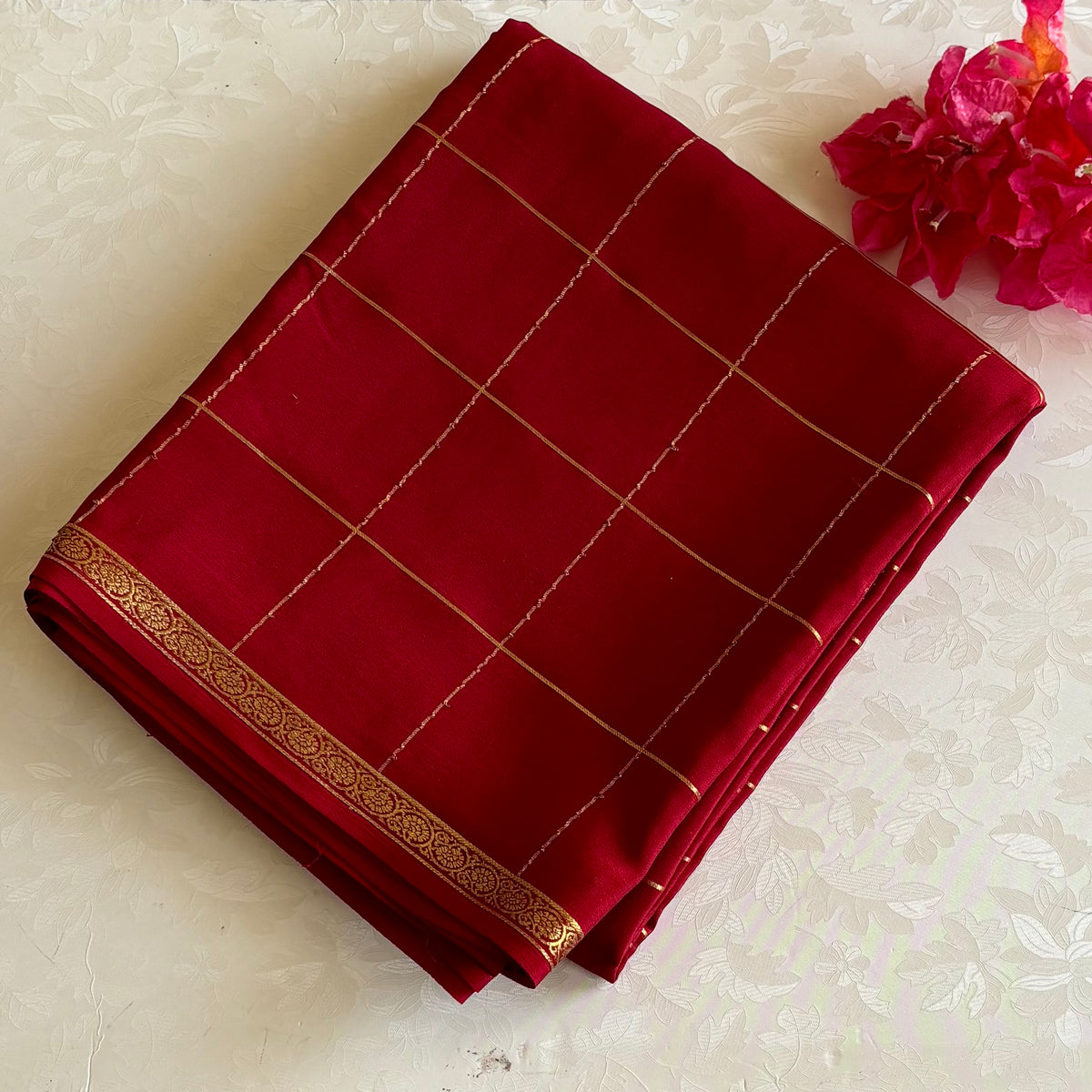 Maroonish Crimson Red Mysore Crepe Silk Saree With Gold Striped Pallu