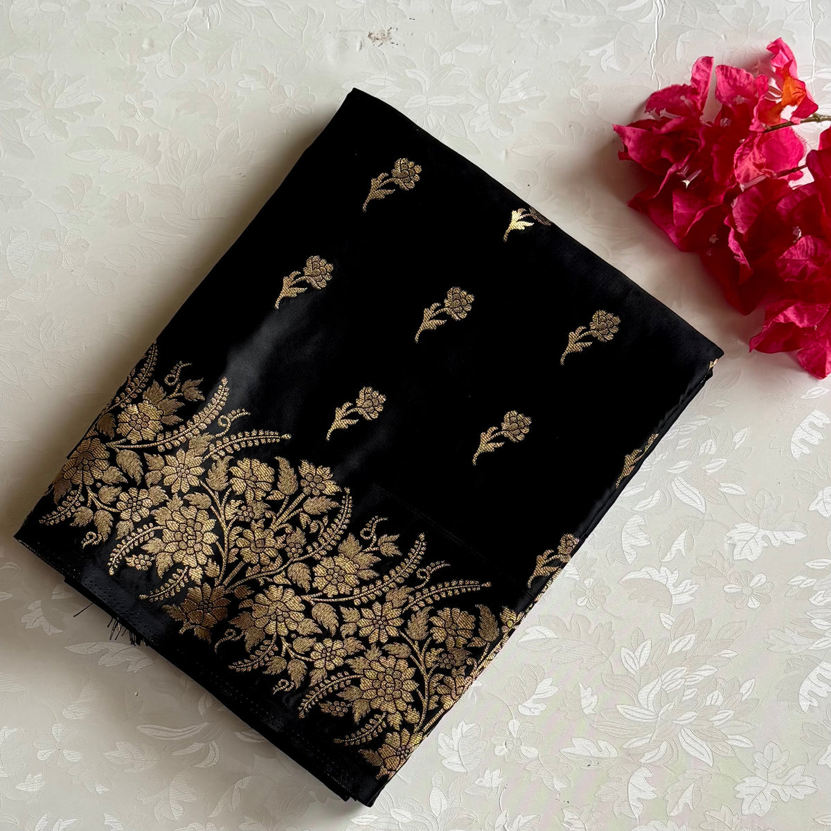 Jet Black gold zari woven designer soft gaji silk