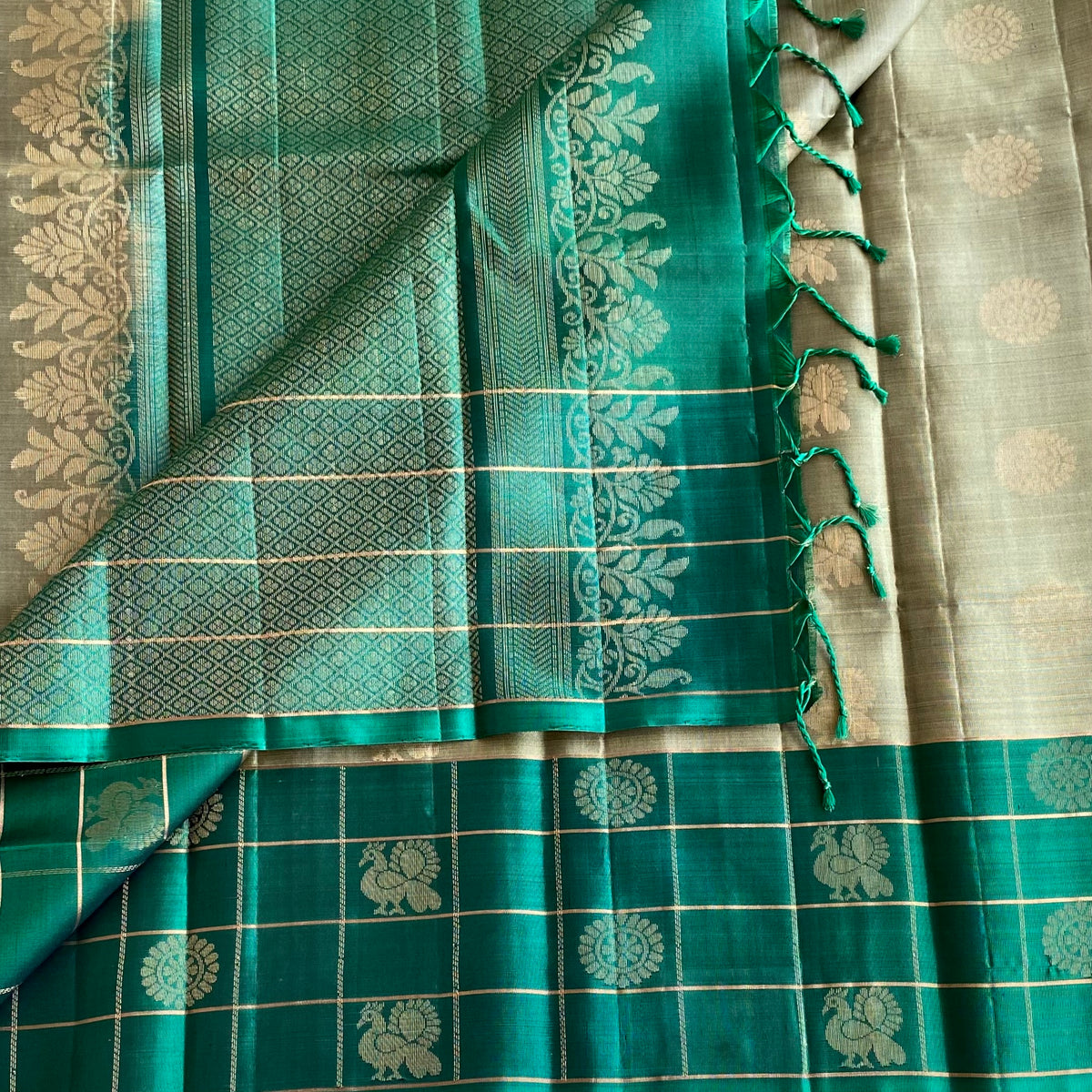 Olive Beige & Emerald Green Designer Pure Silk Saree Peacock Motifs