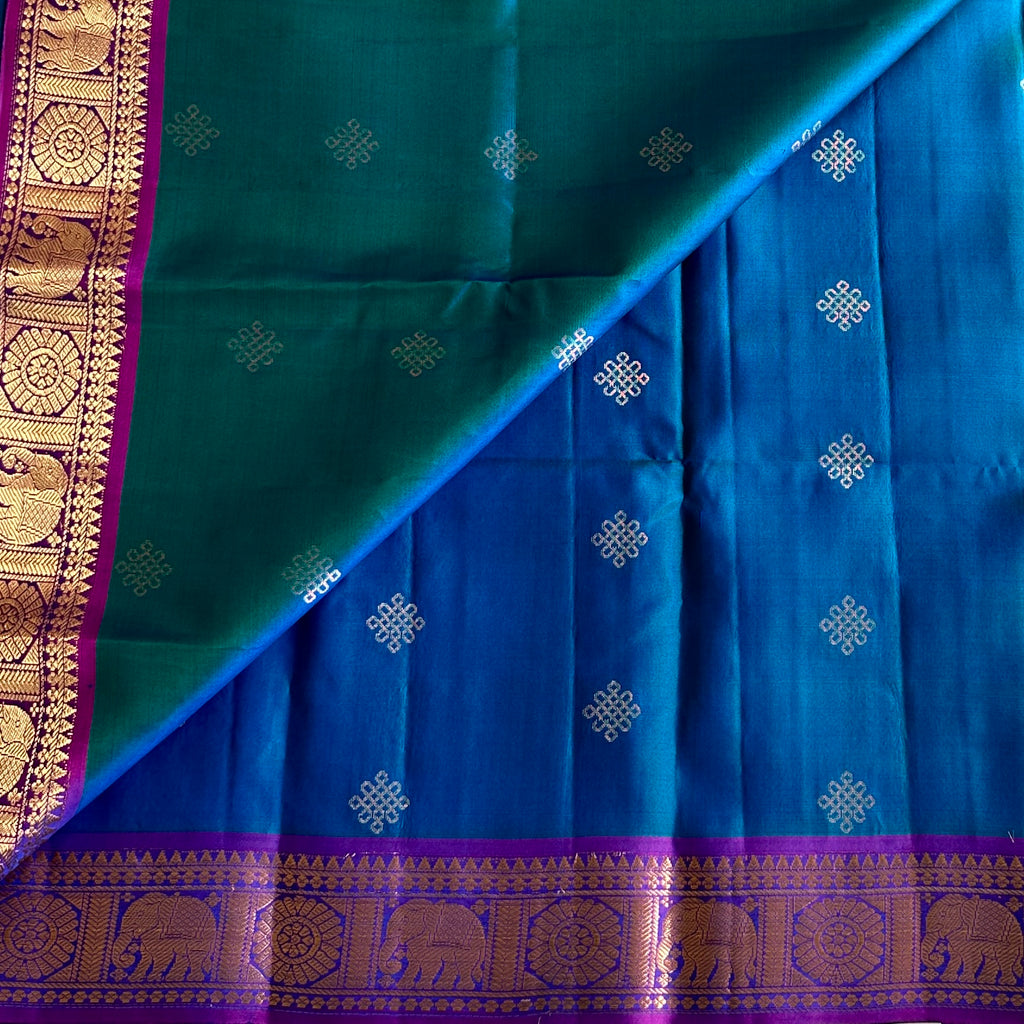 Dual Shaded Peacock Blue Designer Pure Silk Kollam Zari Weave