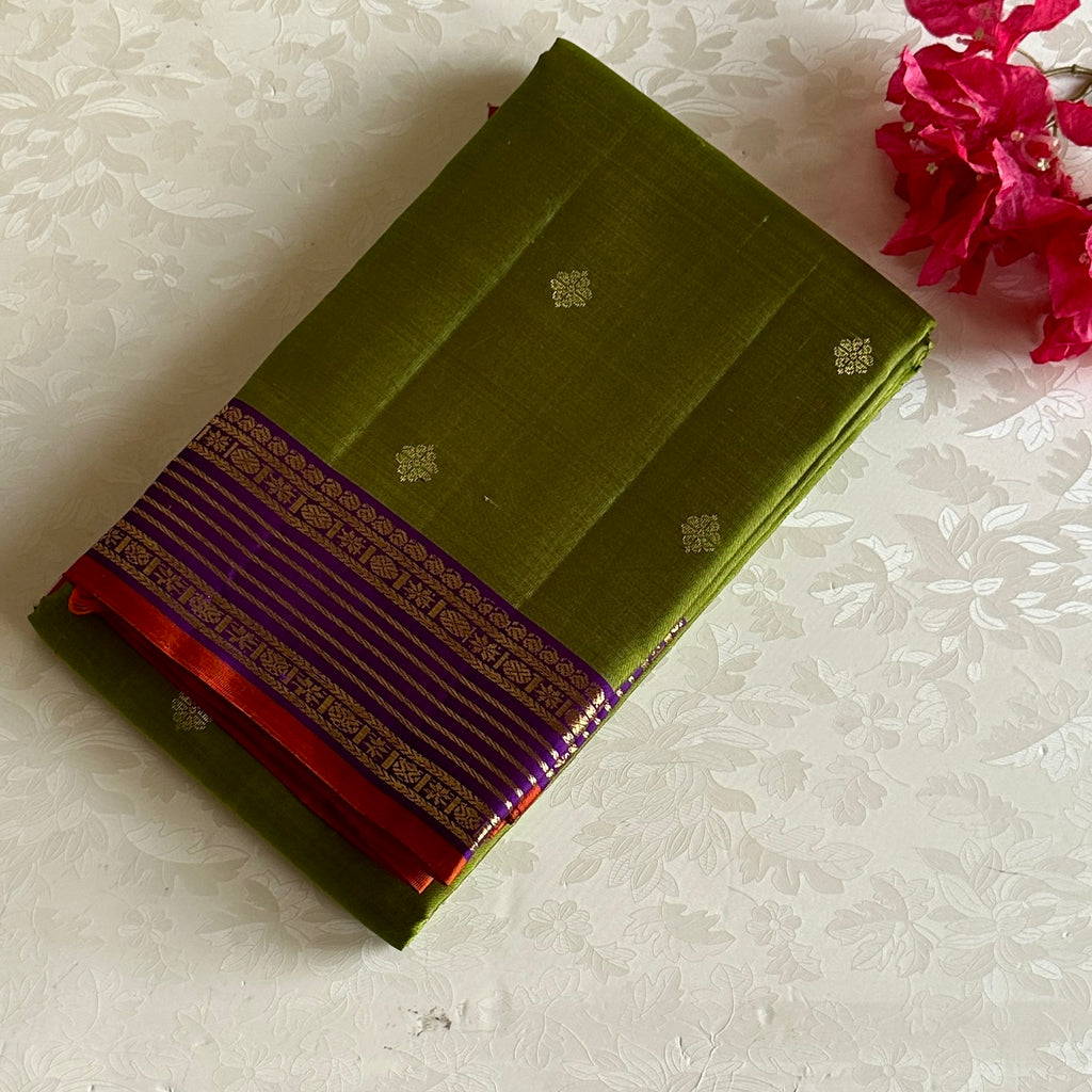 Leaf Green Kanjeevaram Pure Zari Silk Saree With Royal Purple Pallu
