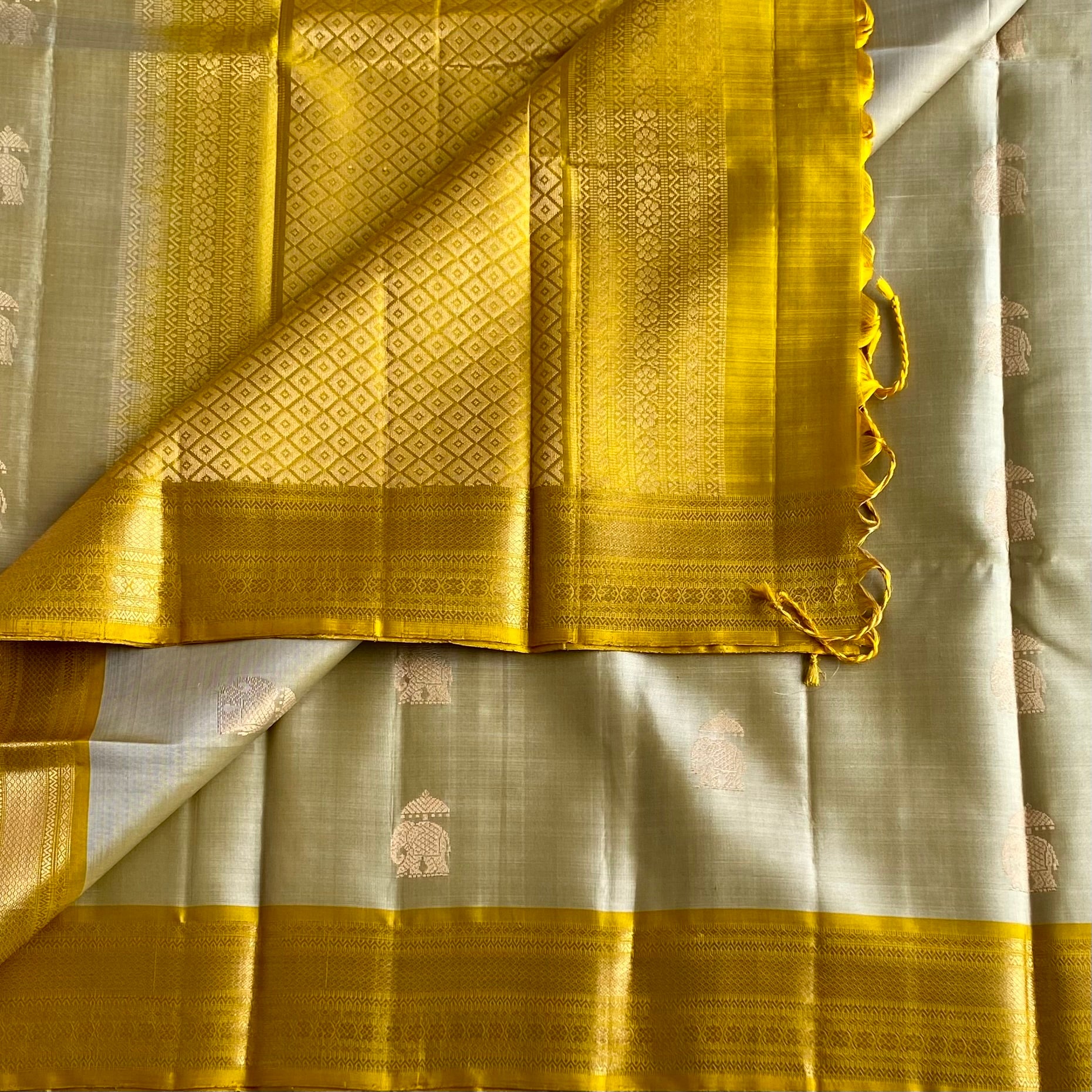 Classy Beige Designer Pure Silk Saree With Golden Yellow Pallu
