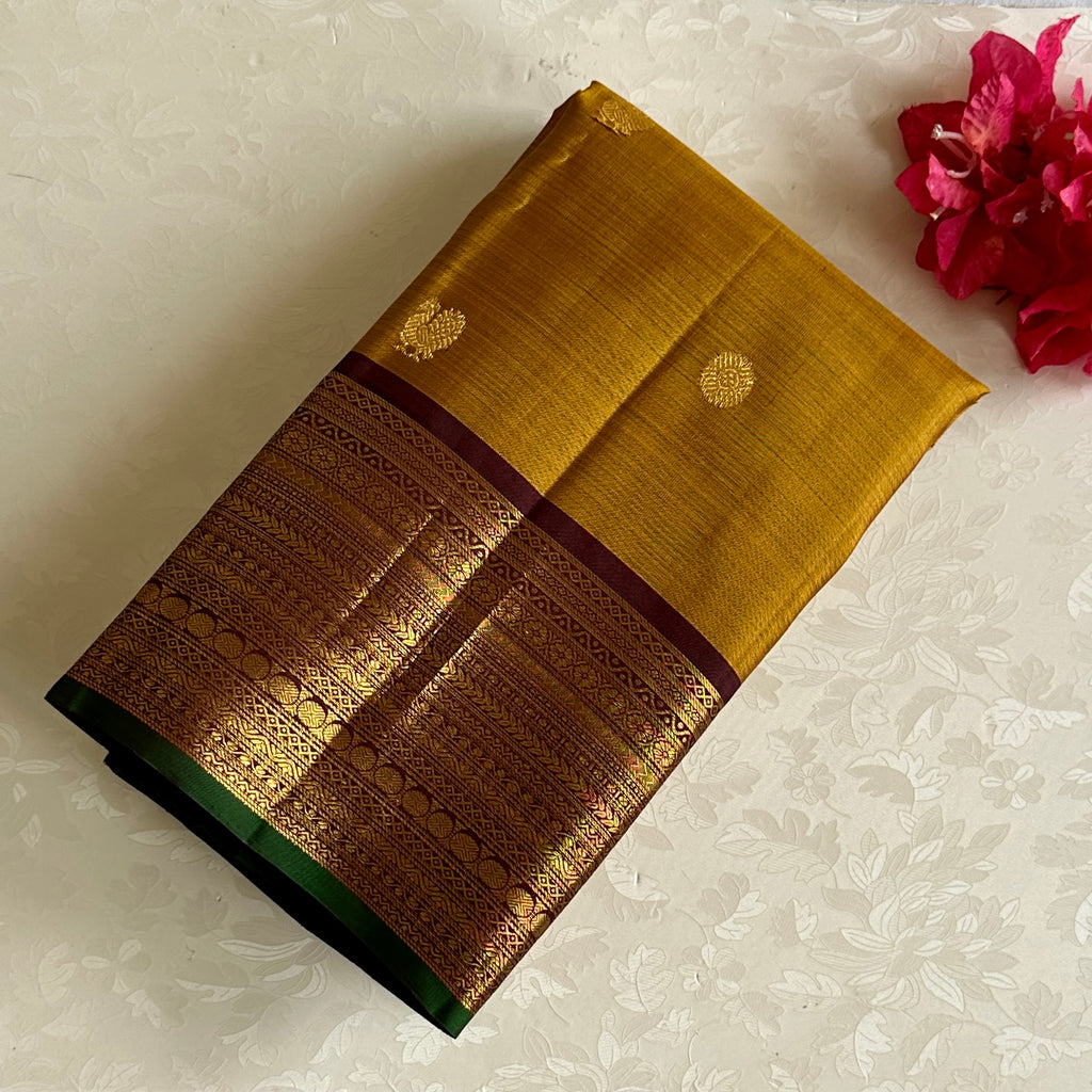 Mustard Yellow Kanjeevaram Pure Zari Silk Saree With Wine Brown Pallu