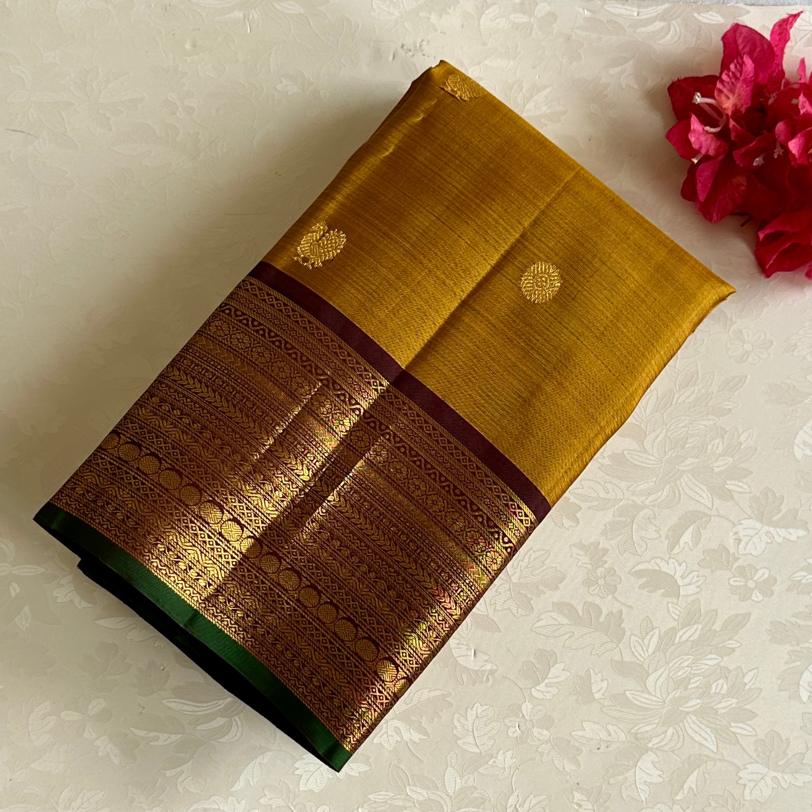 Mustard Yellow Kanjeevaram Pure Zari Silk Saree With Wine Brown Pallu