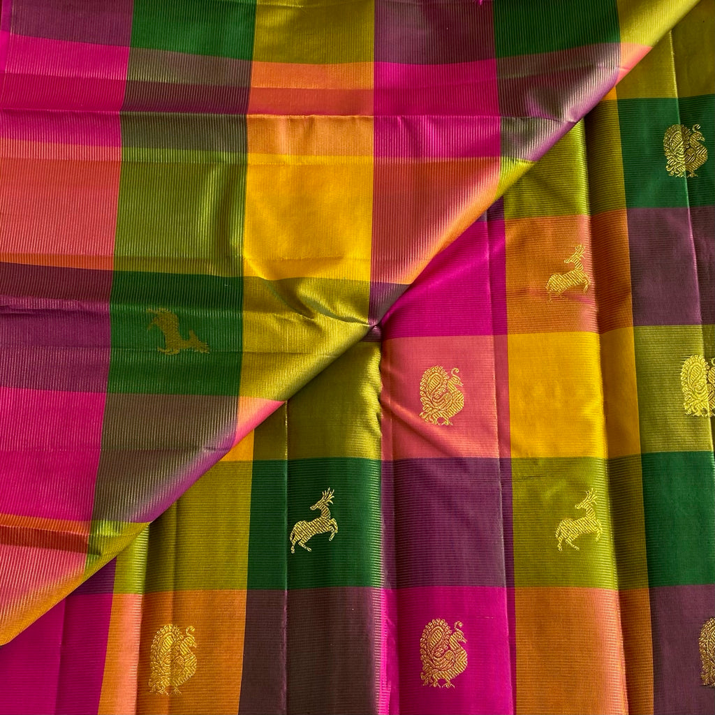 Exquisite Multi Checkered Pure Zari Kanjeevaram Stunner With Deer & Peacock Buttas
