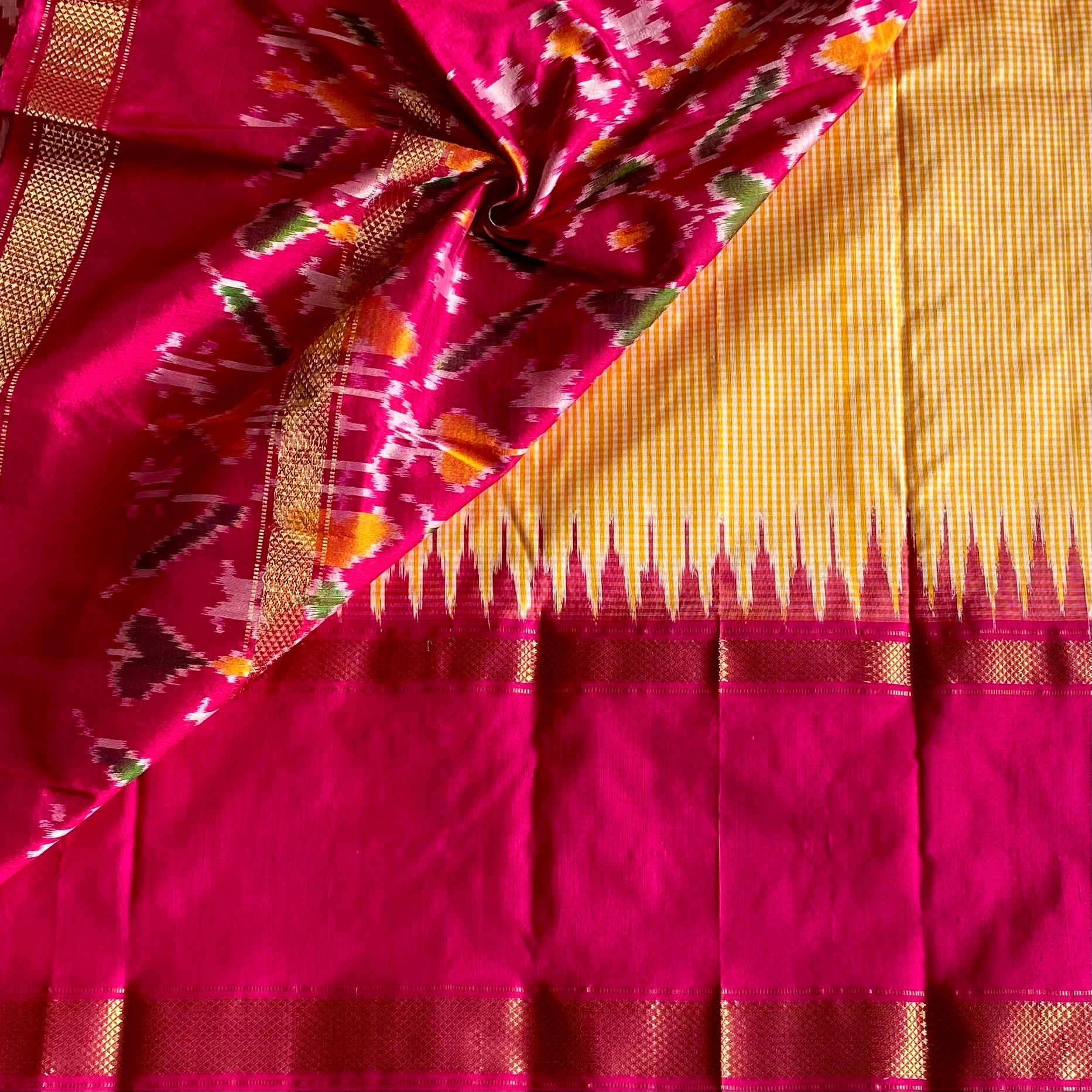 Micro Checkered Mustard Yellow Pure Ikkat Handloom Silk With Ikkat Woven Pallu & Blouse