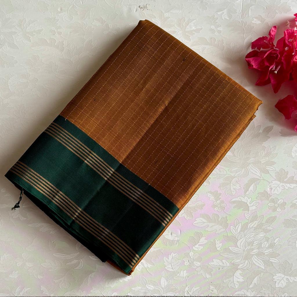 Jaggery Mustard Designer Pure Silk Saree With Bottle Green Pallu