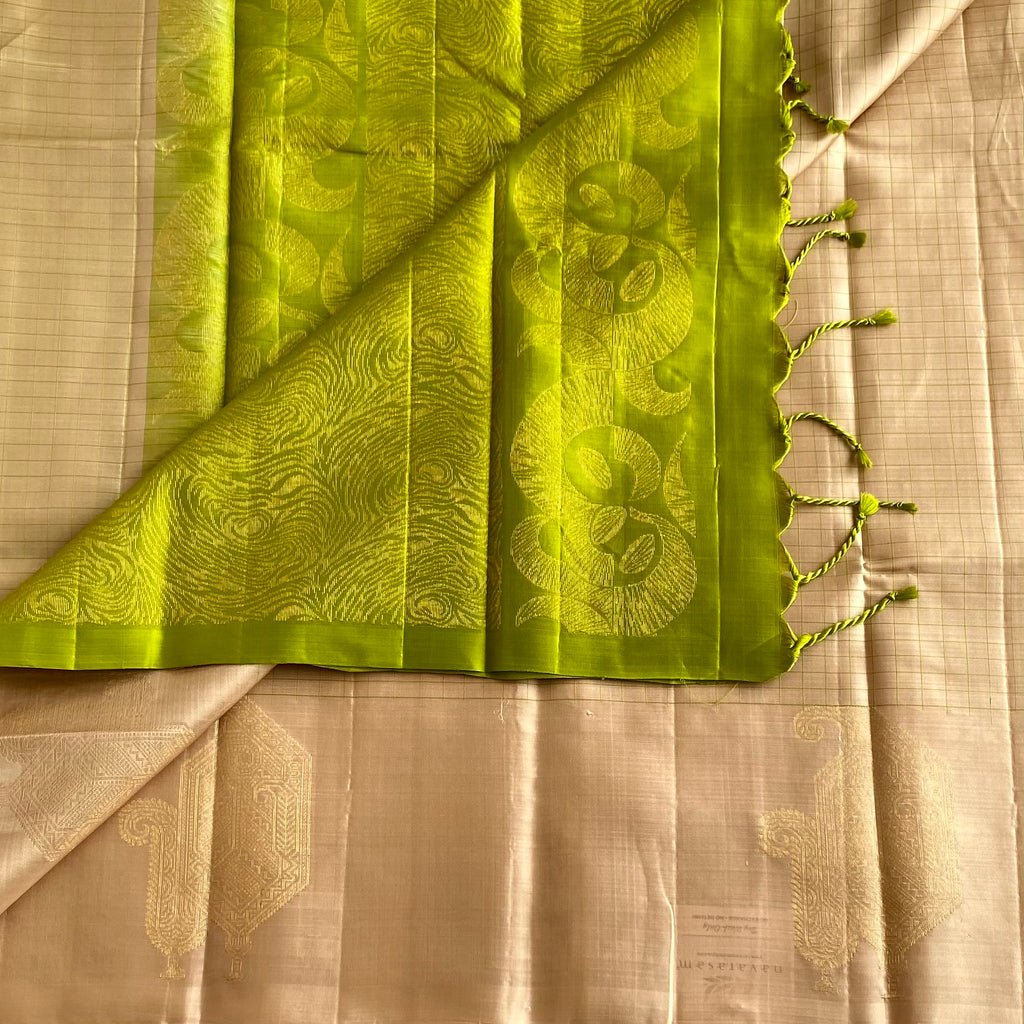 Champagne Beige Designer Pure Silk Saree With Chartreuse Green Pallu