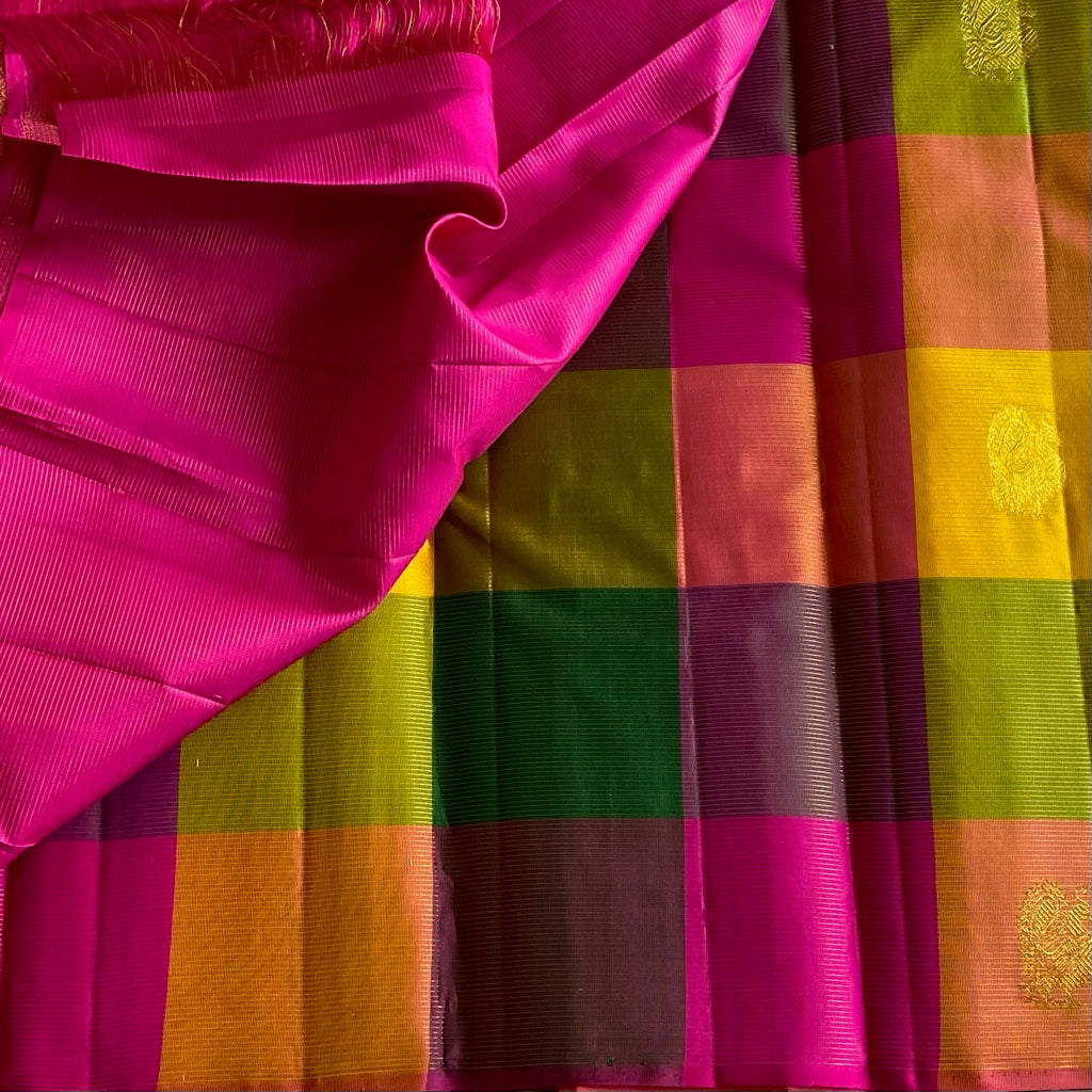 Exquisite Multi Checkered Pure Zari Kanjeevaram Stunner With Deer & Peacock Buttas