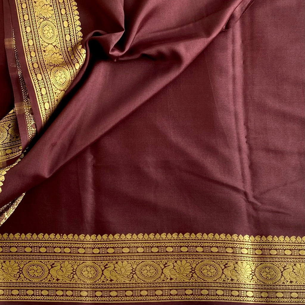 Chocolate Wine Brown Maroon Mysore Crepe Silk Saree With Metallic Gold Border