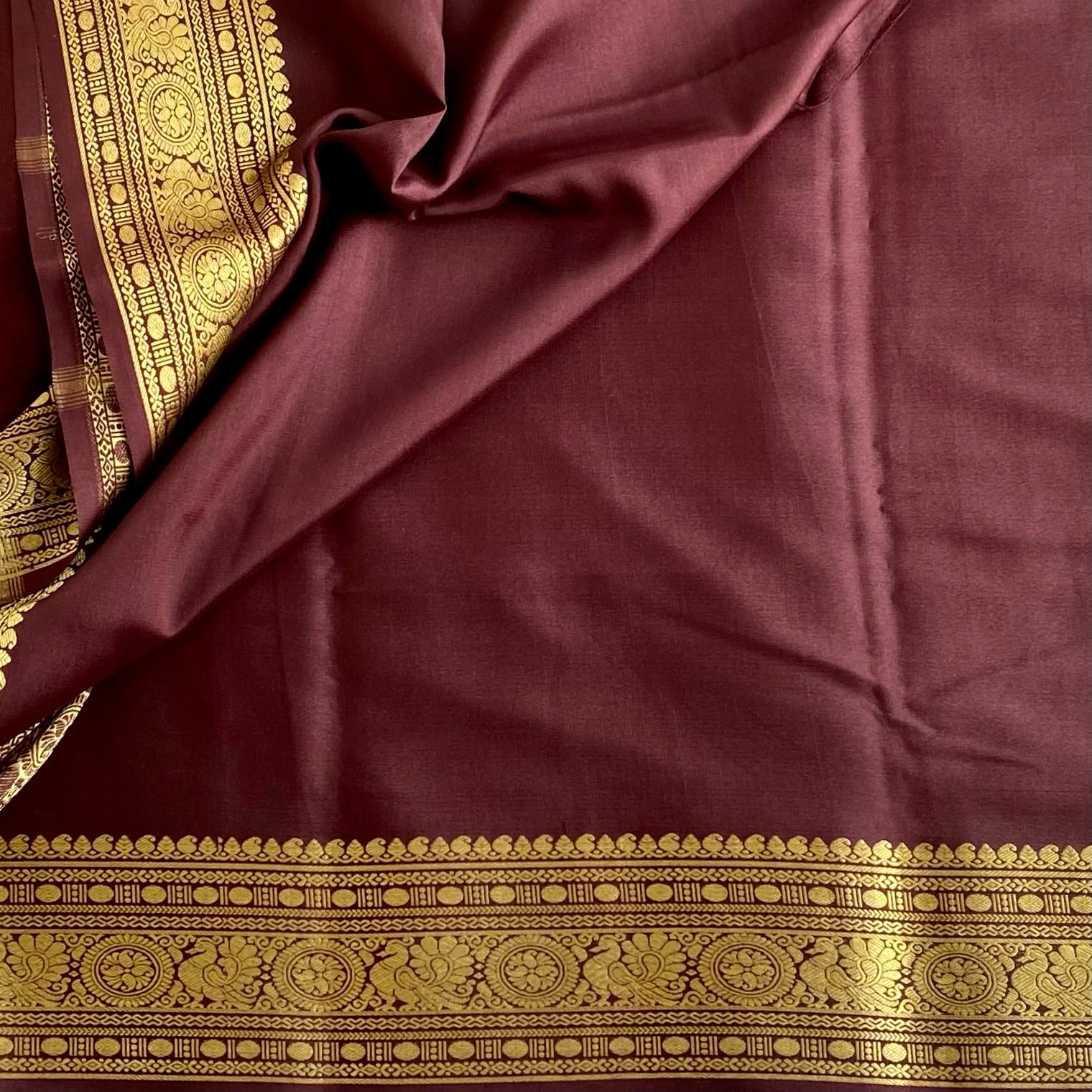 Chocolate Wine Brown Maroon Mysore Crepe Silk Saree With Metallic Gold Border