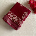 Wine Maroon Soft Block Printed Linen Saree With Antique Silver Borders
