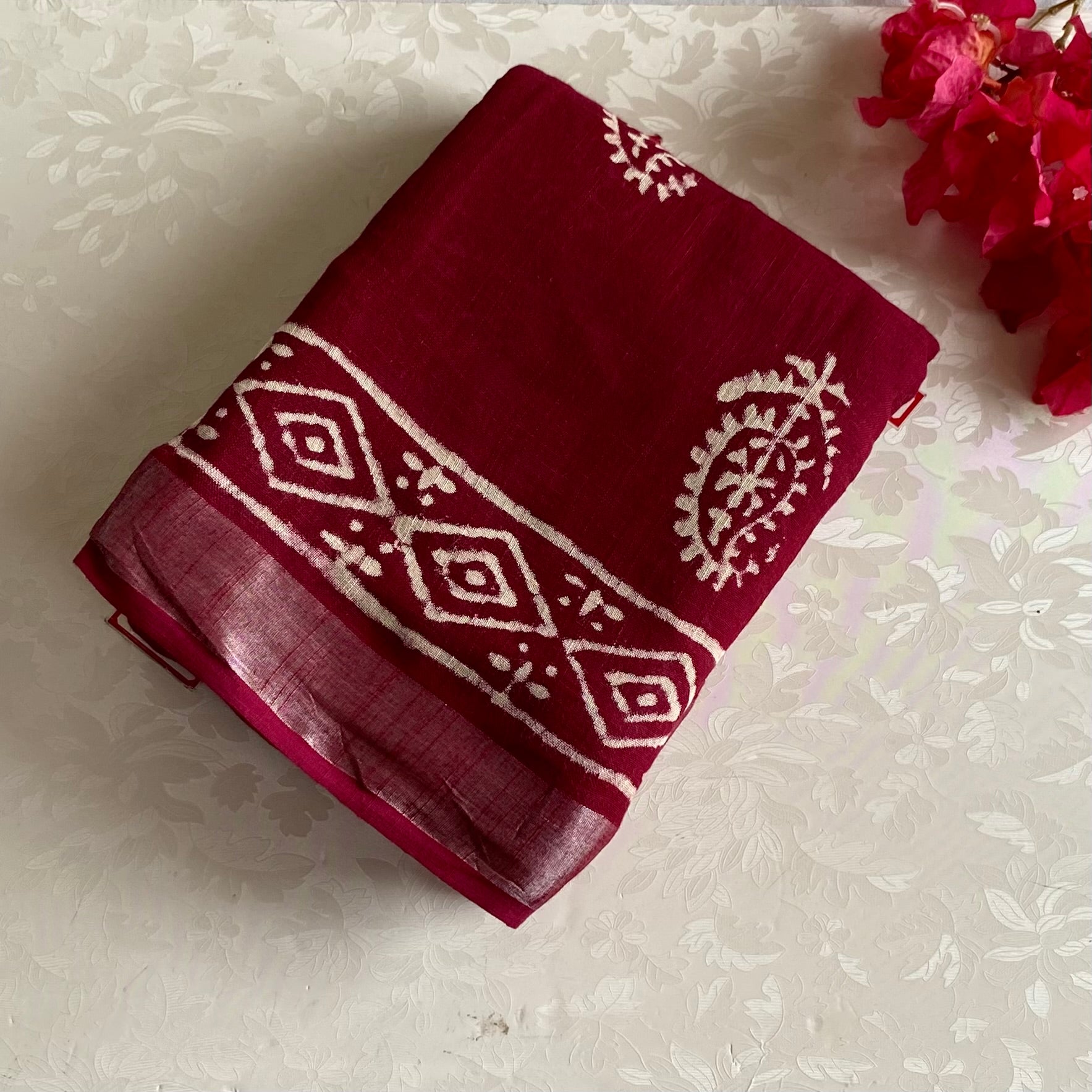 Wine Maroon Soft Block Printed Linen Saree With Antique Silver Borders