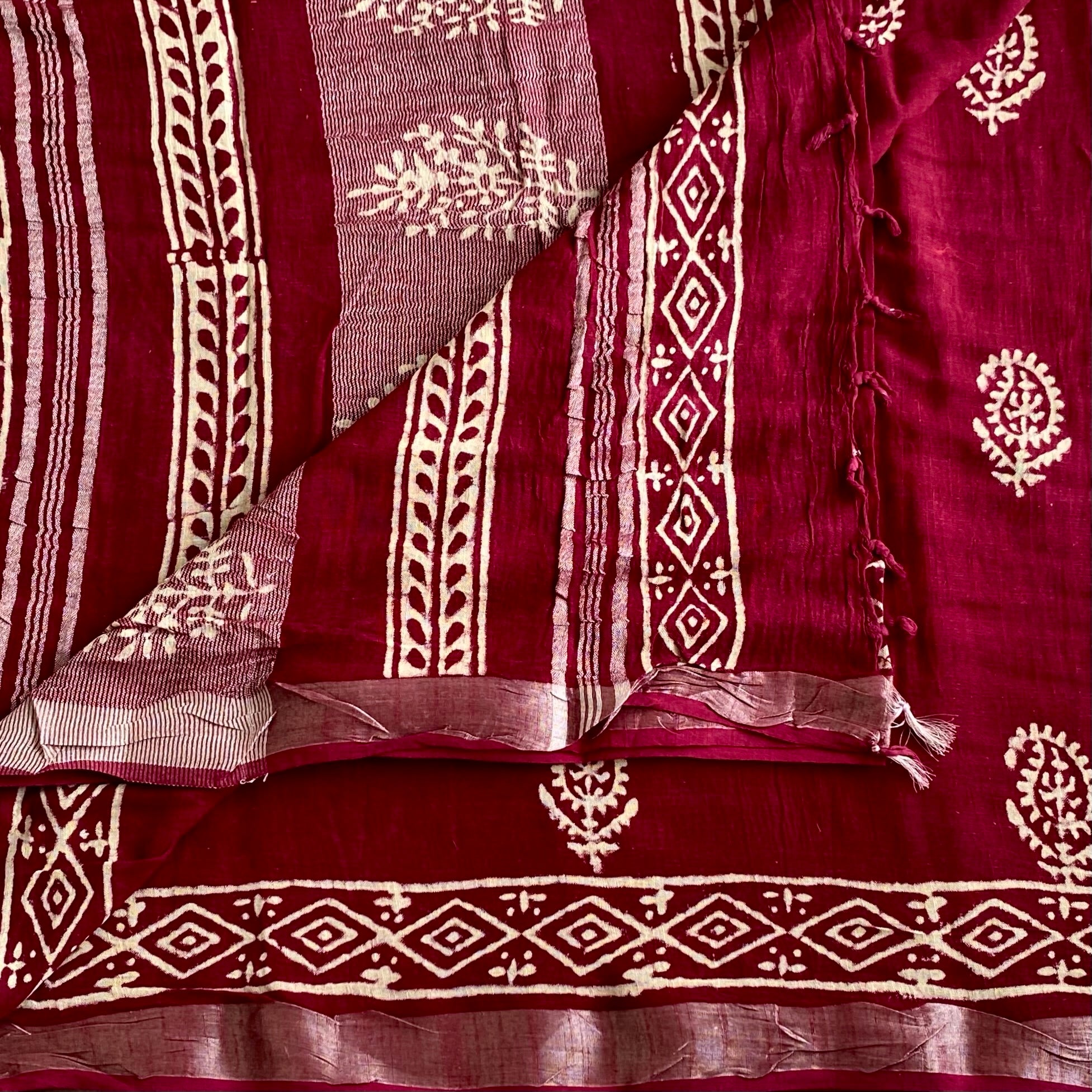 Wine Maroon Soft Block Printed Linen Saree With Antique Silver Borders
