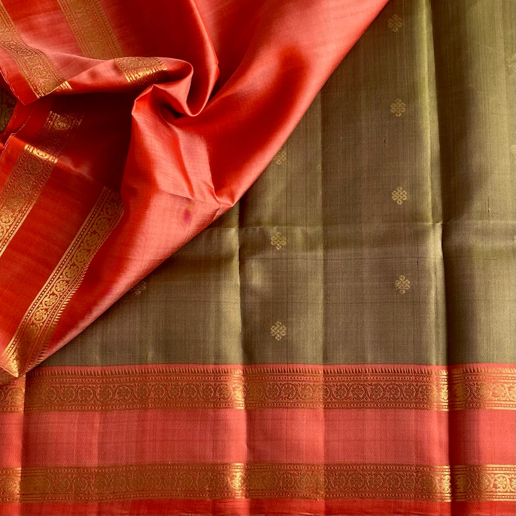 Rare Chestnut Greenish Designer Pure Silk Saree With Coral Orange Pallur