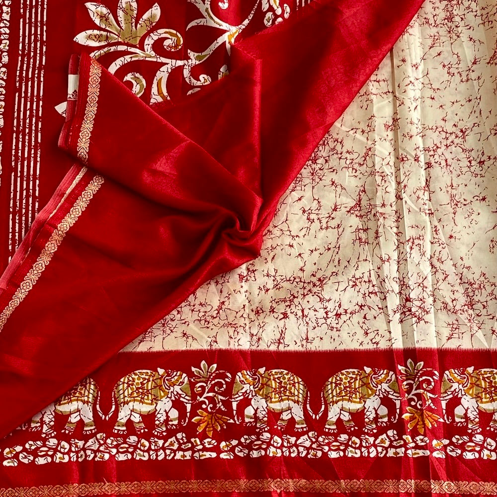 Ivory Beige Elephant Borders with Deep Crimson Printed Soft Cotton