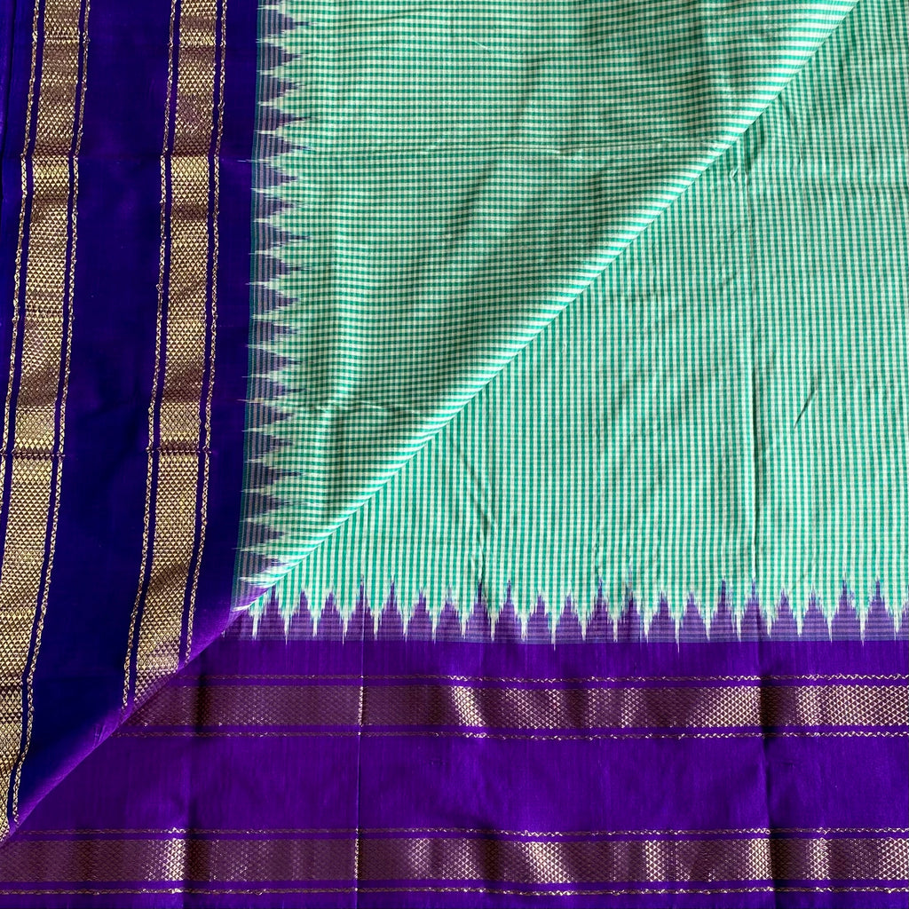 Micro Checkered Sea Green Pure Ikkat Handloom Silk With Ikkat Woven Pallu & Blouse