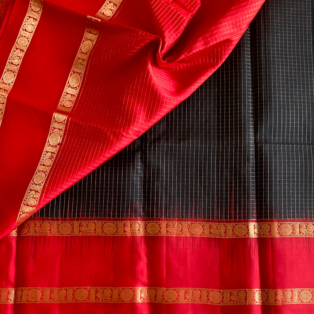Jet Black Designer Pure Silk Saree With Crimson Red Pallu