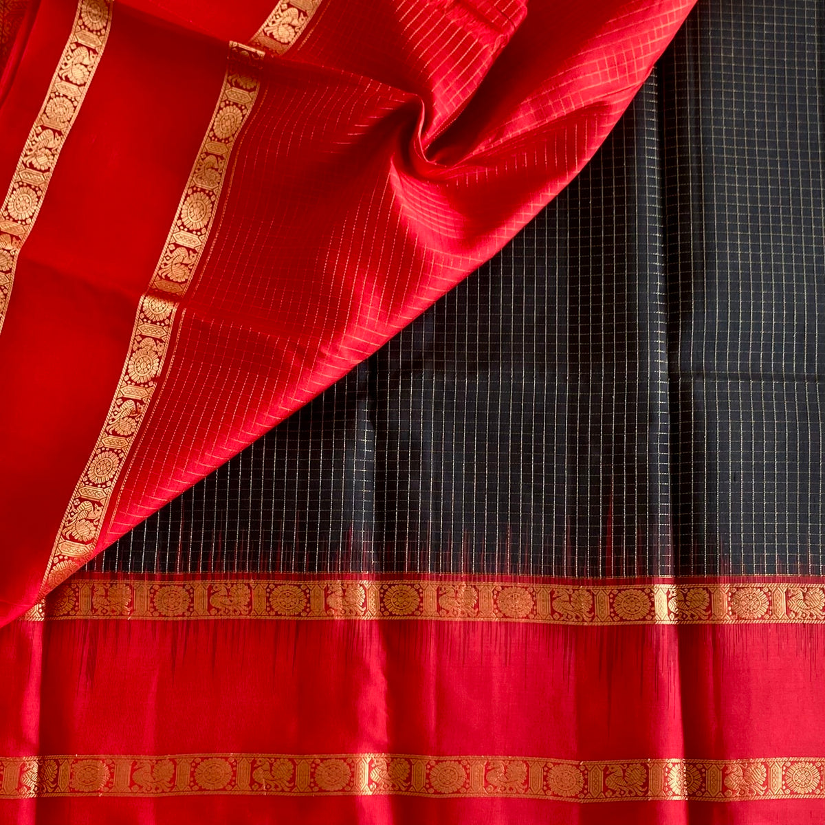 Jet Black Designer Pure Silk Saree With Crimson Red Pallu