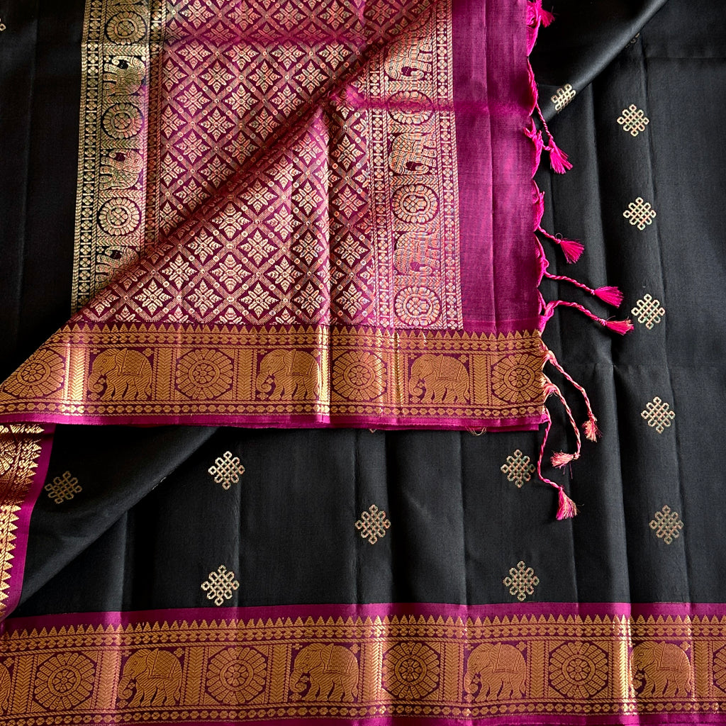 Jet Black Designer Pure Silk Kollam Zari Weave & Magenta Contrast