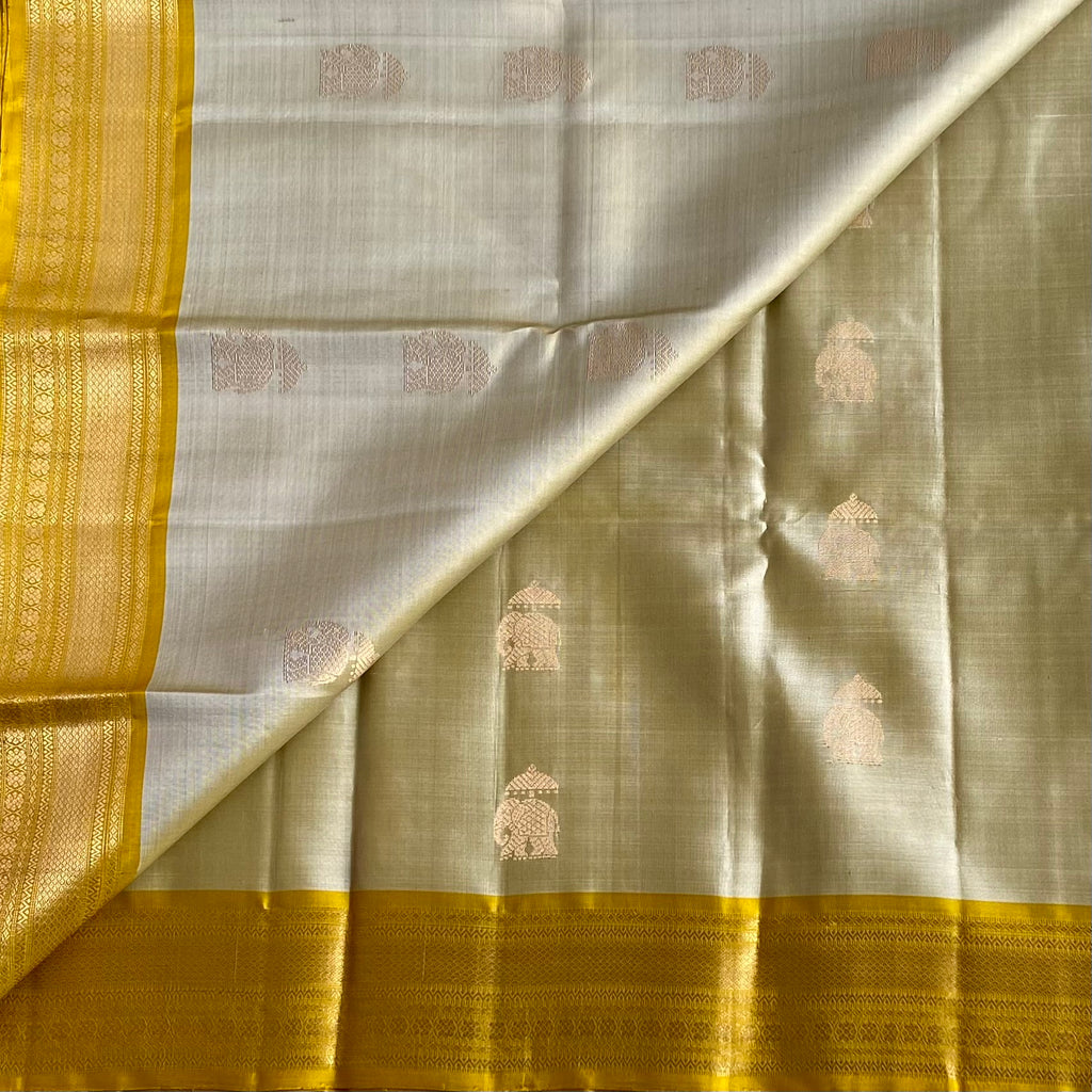 Classy Beige Designer Pure Silk Saree With Golden Yellow Pallu
