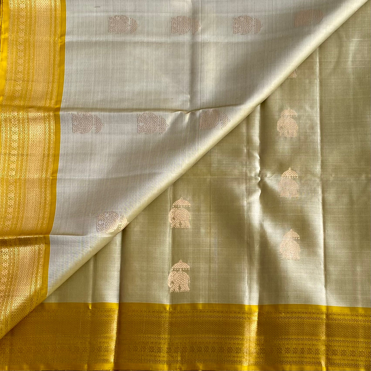 Classy Beige Designer Pure Silk Saree With Golden Yellow Pallu