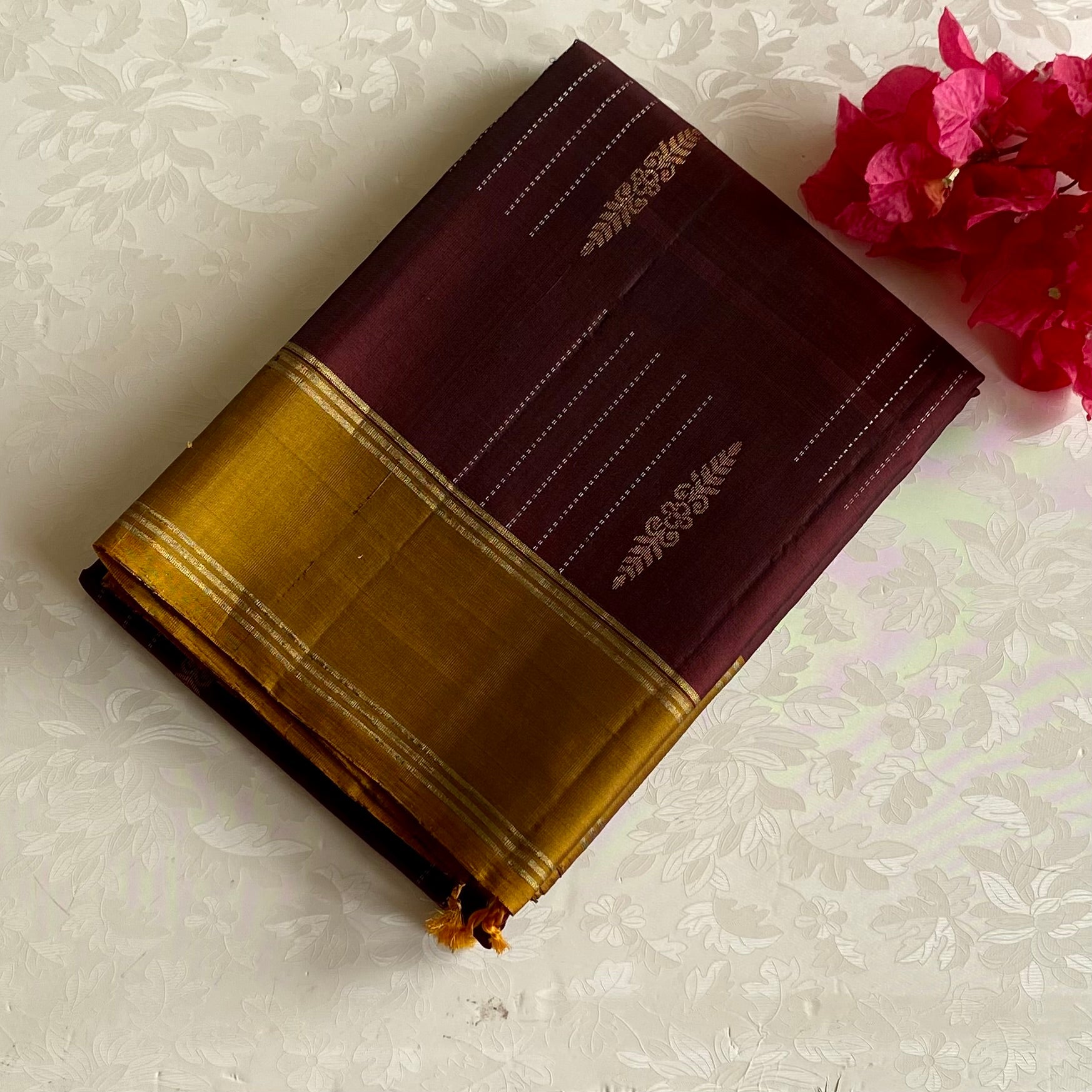 Chocolate Wine Designer Pure Silk Saree With Mustard Gold Pallu