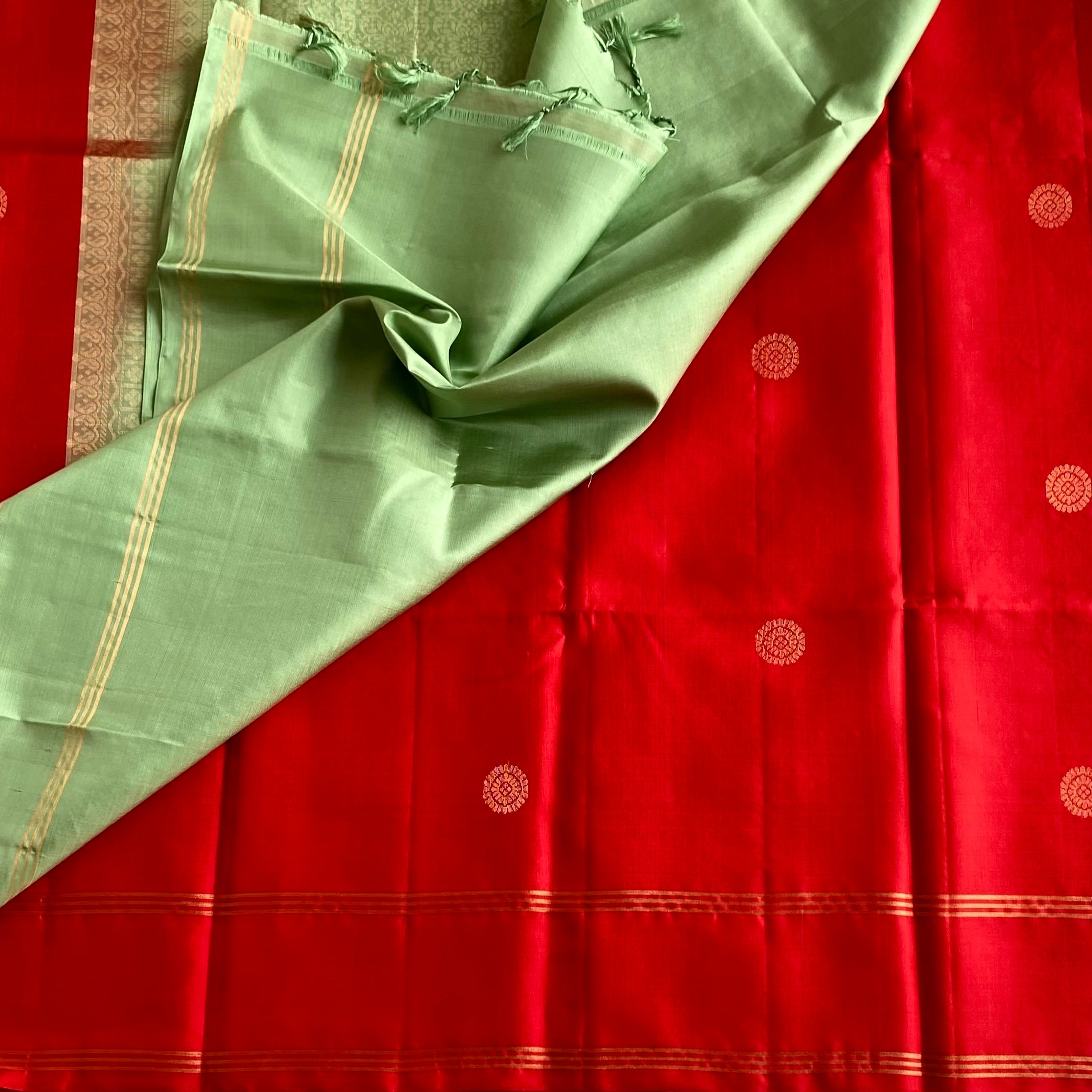 Scarlet Red Designer Pure Silk Saree With Mint Green Pallu