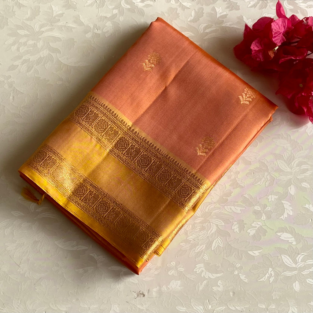 Dreamy Peach With Golden Retta Petta Designer Pure Silk
