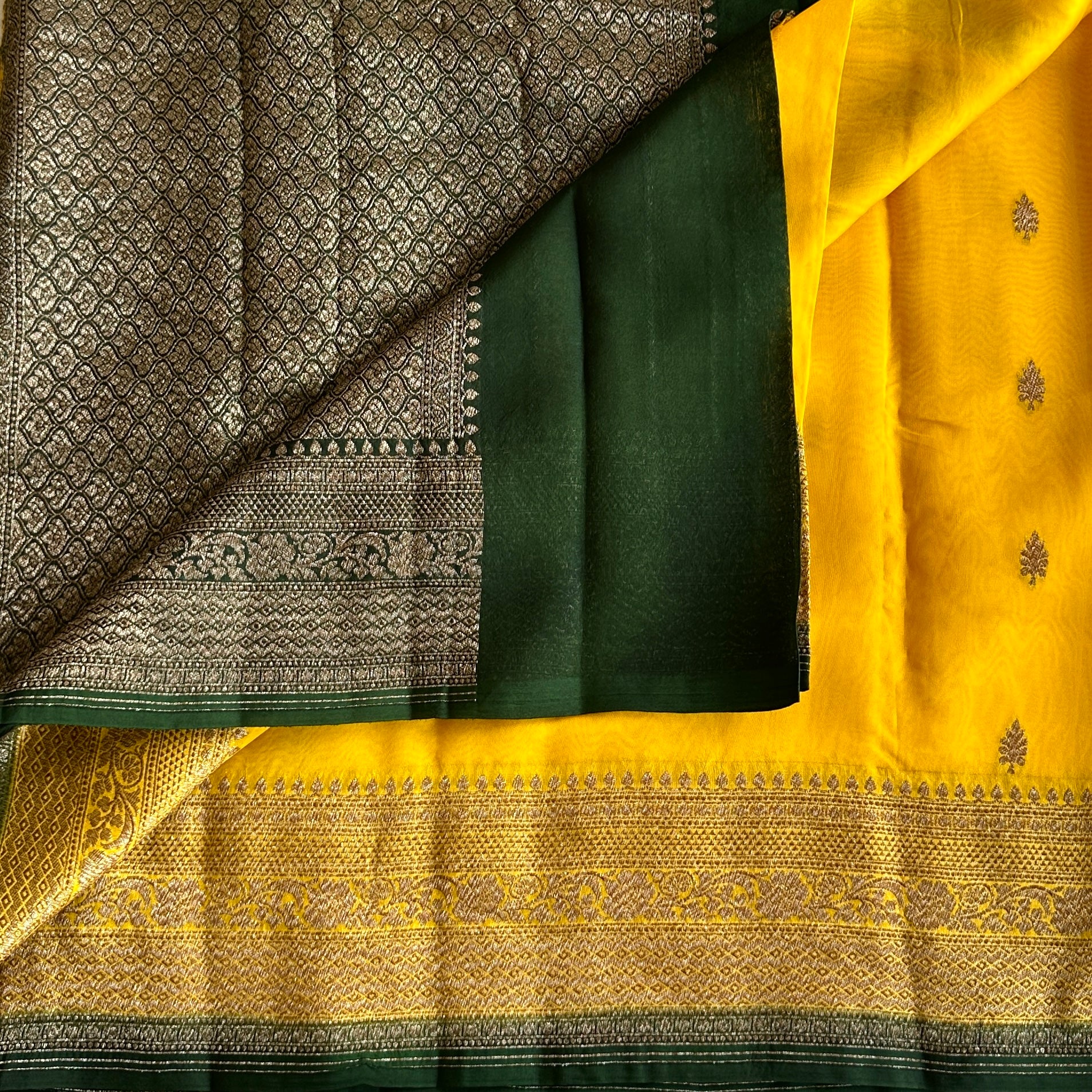 Golden Yellow Banarasi Organza Silk With Bottle Green Pallu & Antique Zari Weave