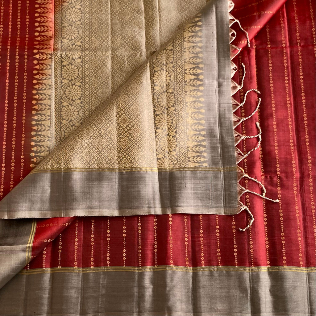 Deep Maroon Designer Pure Silk With Smokey Taupe Pallu